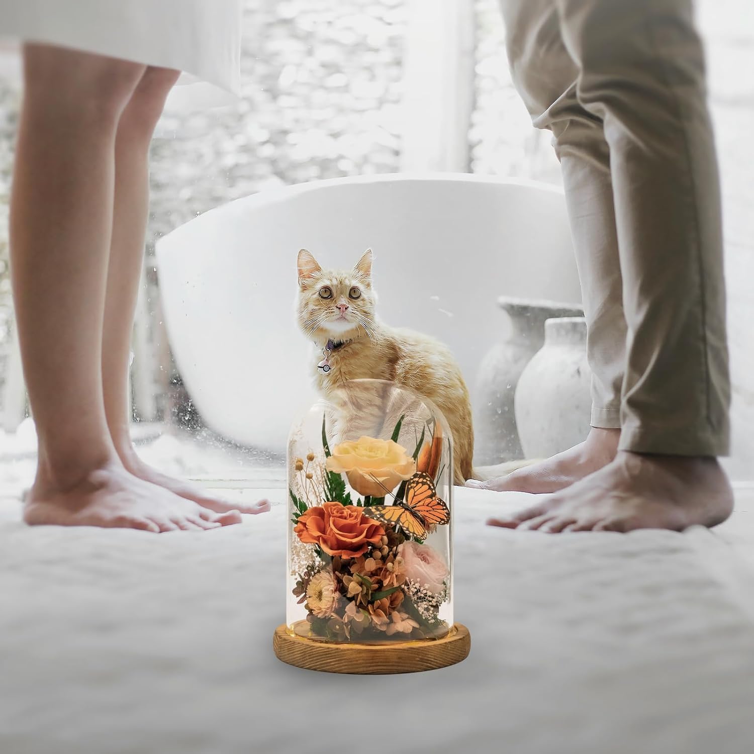 Eternal Flower with Butterfly: Big Flowers Big Love-Elegant Flower in Glass Dome-Thanksgiving, Christmas, Mom Gifts for Her-Flowers for Delivery Prime-Floral Arrangements (Orange) - Image 2