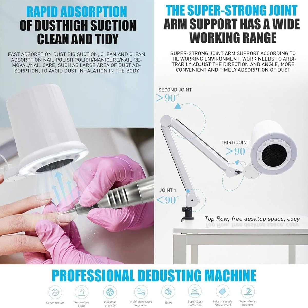 Nail Duster Collector,41w Nail Dust Fan Nail Cleaner,4500k Portable Nail Vacuum Cleaner Powerful Dust Extractor with LED Light,10 Wind Speeds Adjustable,for Pedicure & Manicure