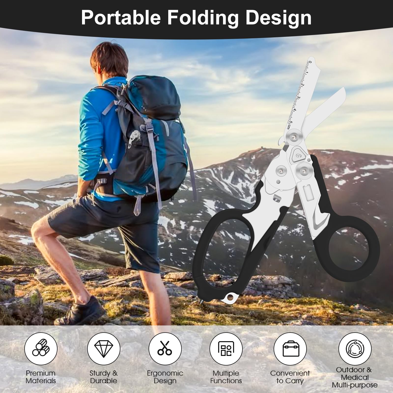Tijeras de emergencia, tijeras para traumatismos, tijeras de rescate multiherramienta con 6 funciones prácticas, alicates de tijera plegables con funda,alicates tácticos plegables