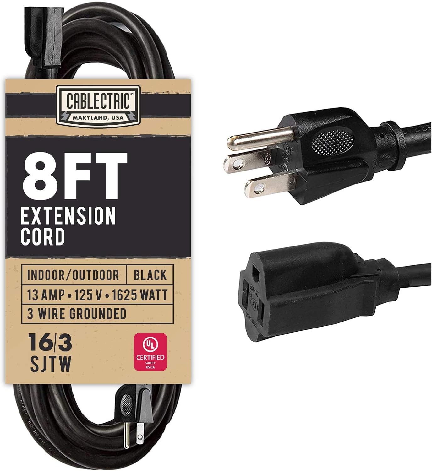 Cablectric Weatherproof Black Extension Cord 8 ft, 16/3