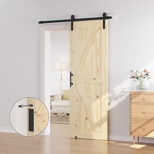 Miniatura 6 de SMARTSTANDARD Puerta corredera de granero de 30 x 80 pulgadas con kit de herrajes para puerta de granero de 5 pies incluido, puerta de madera maciza
