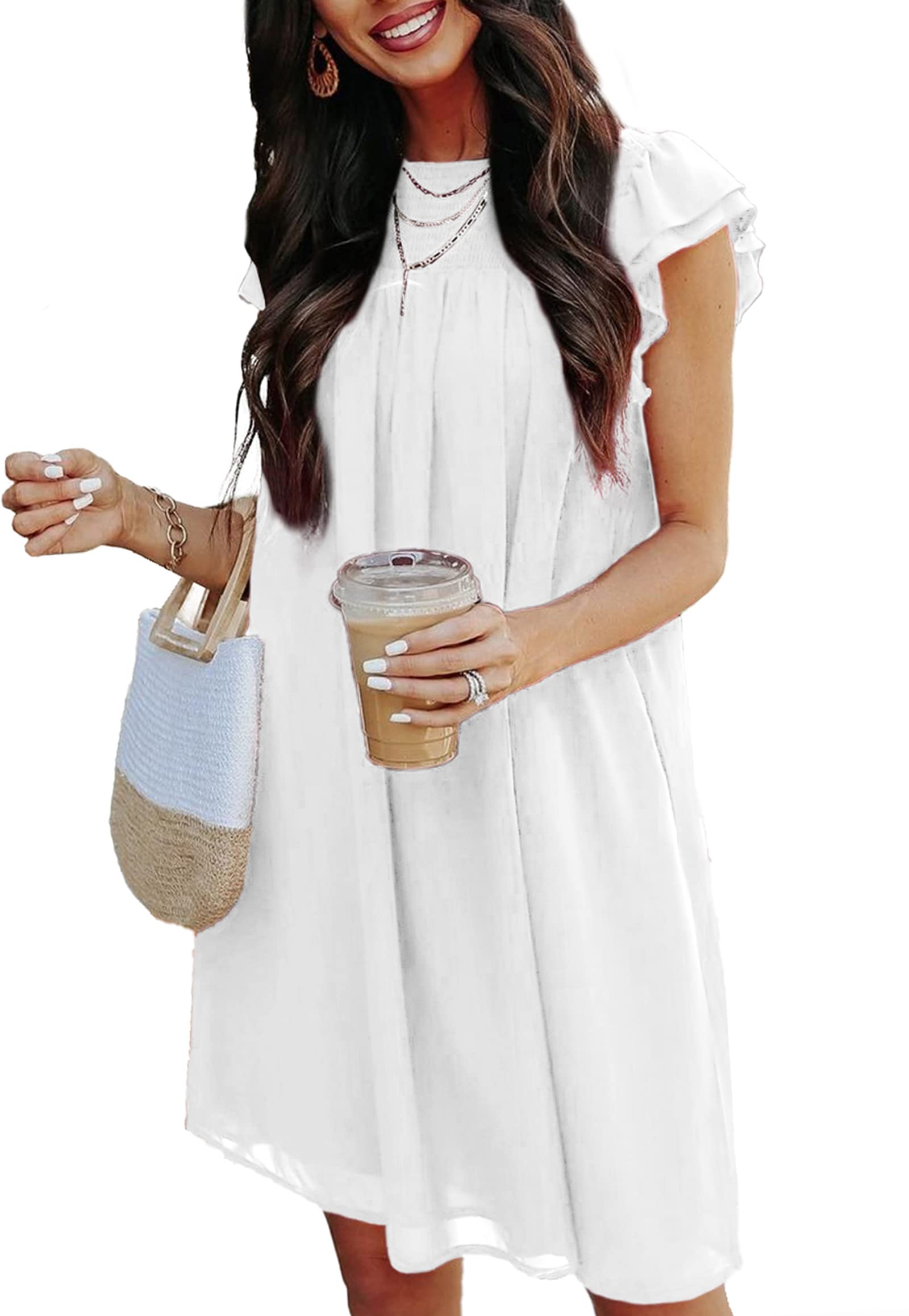 KIRUNDOWedding Guest Shift Dresses for Women Short Spring Summer Ruffle Cap Sleeve Chiffon Babydoll Flowy Mini Sundress