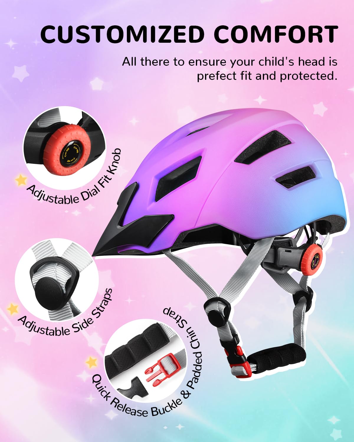 Kinder Fahrradhelm für Mädchen Jungen, Verstellbarer Kinderhelm Radhelm Skaterhelm Sporthelm für Skateboarden Radfahren Inlineskaten, 52-56 cm