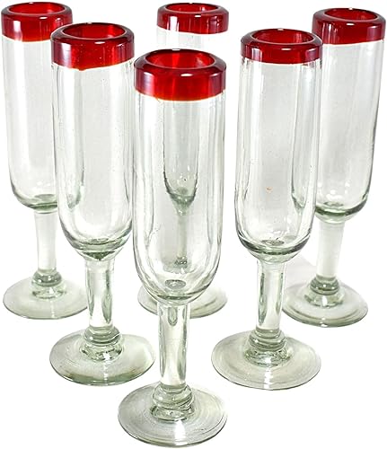 Wine Glasses  Champagne  Handmade Blown Glass Glasses in Mexico  Set of 6  Artisanal  100% Recycled  Handmade (Red Edge, Flute)