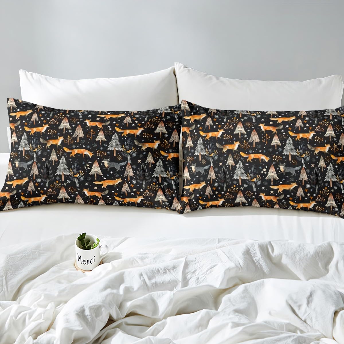 Cute Fox Duvet Cover Queen Size - Kids Cartoon Fox Bedding Set With Mushroom & Plant Woodland Theme