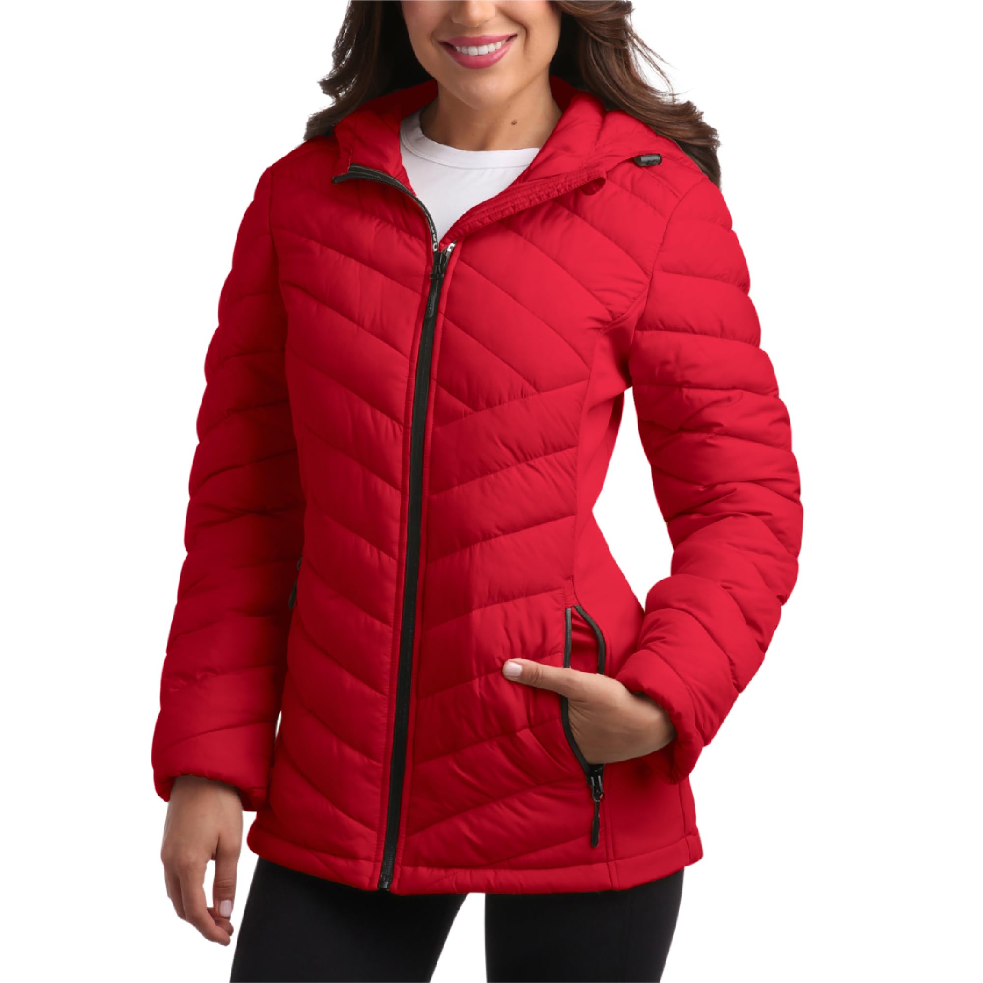 Photo 1 of Reebok Womens Puffer Jacket - Midweight Quilted Snow Glacier Shield Full Zip Winter Coat for Women with Hood & Zip Pockets, Size Small, Vector Red Glow