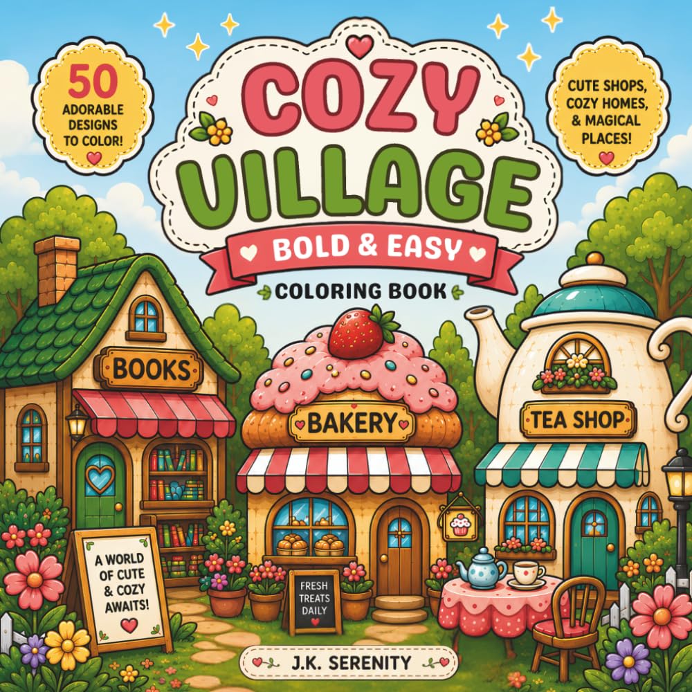 Cozy Village: Bold & Easy Coloring Book: 50 Adorable Designs to Color Featuring Cute Shops, Cozy Homes & Magical Places