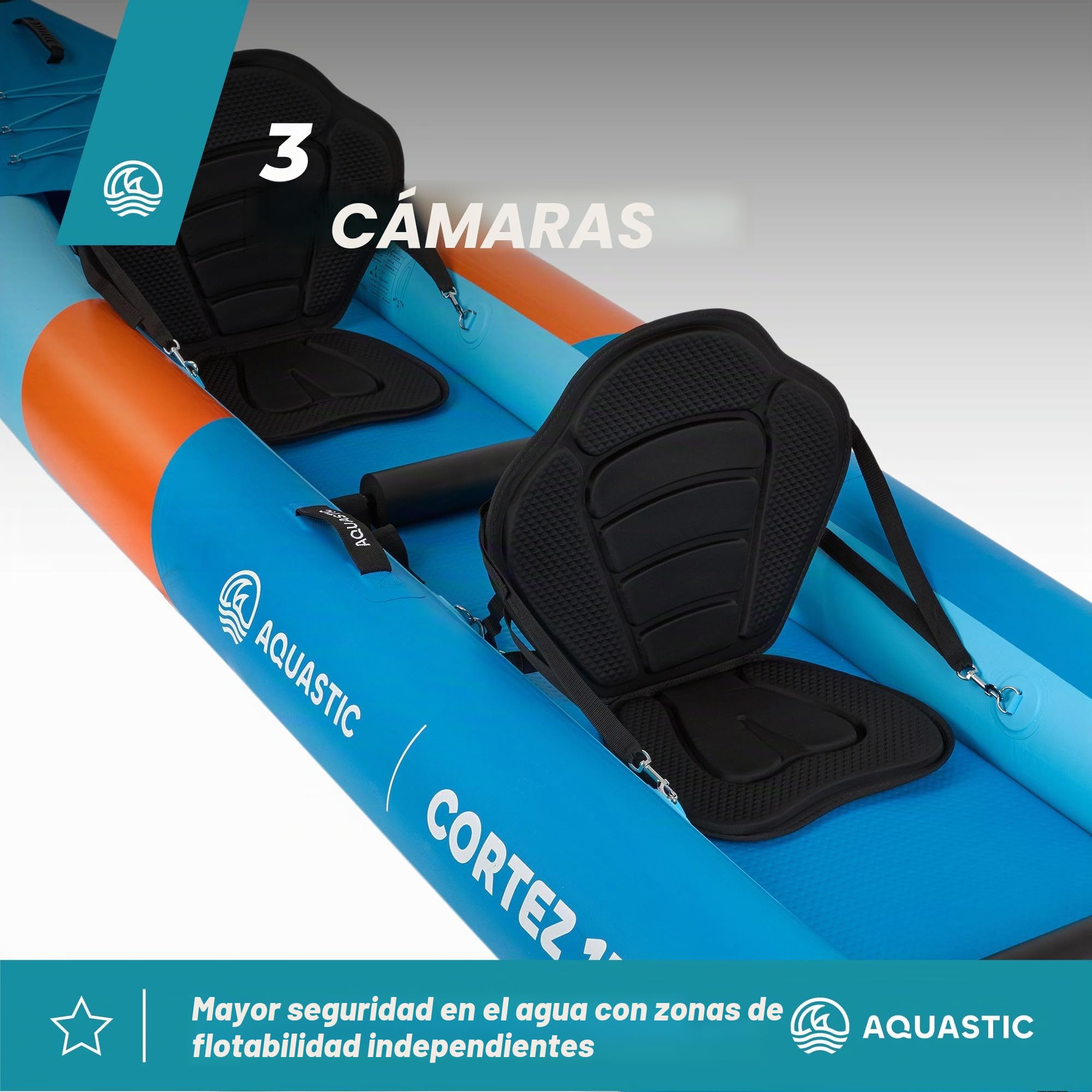AQUASTIC Cortez - Kayak Hinchable para Dos Personas, 3 cámaras, Capacidad de Carga de hasta 180 kg, Juego de Mochilas, paletas, Asientos, Bomba, Aletas, Estable