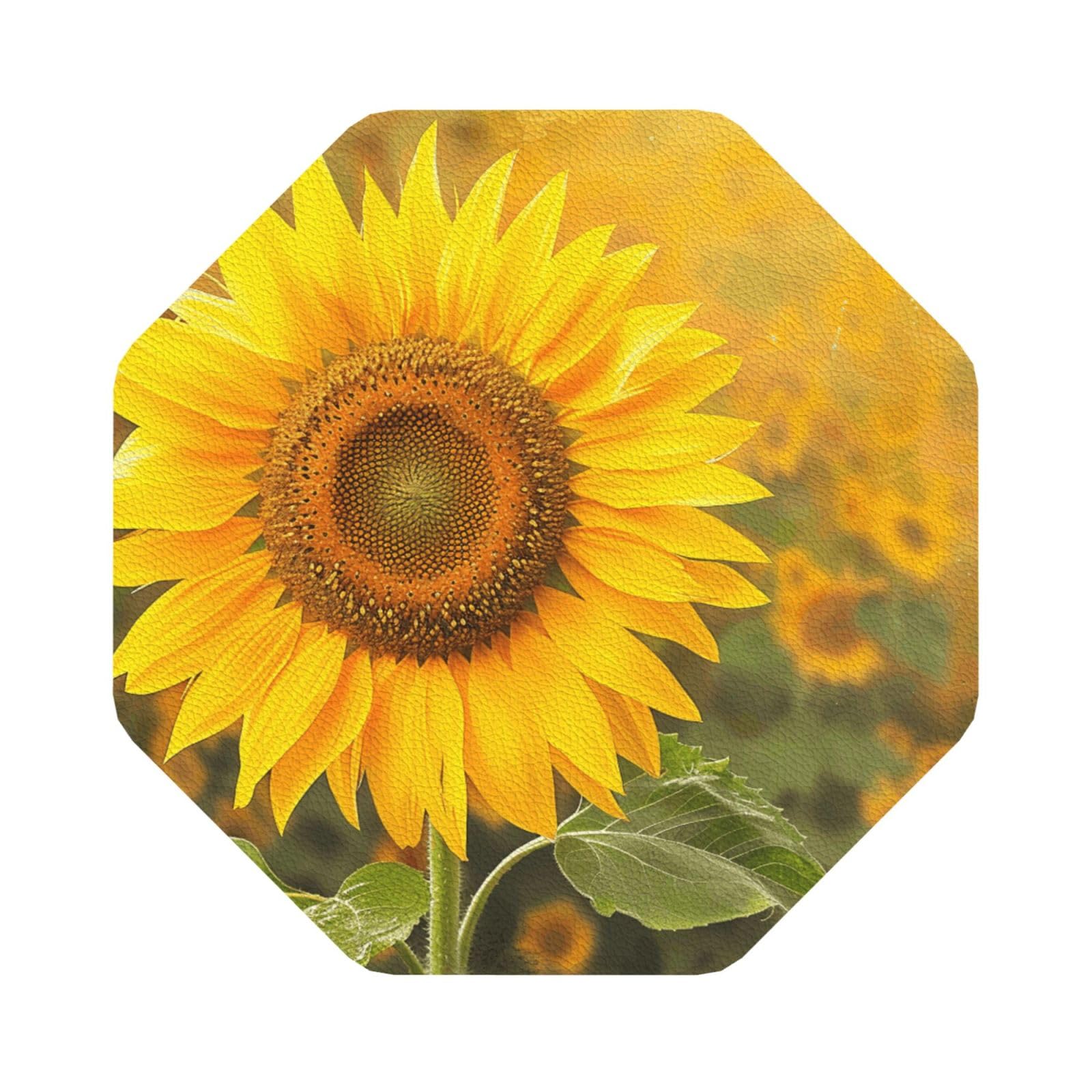 Sunflower Print Leather Coaster Set of 6, Octagon Coasters Table Decorative Coffee Cup Beverage Coasters Wine Beer Bar Coasters for Hot Drinks Table Protection