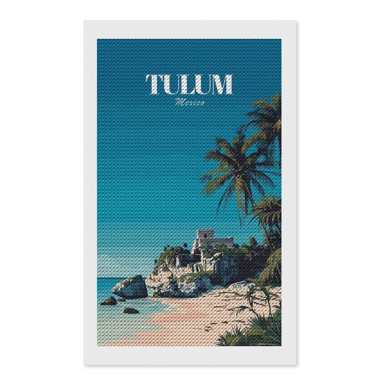 Junmoney Tulum Mexico Travel (2) Full Drill Diamond Painting Kit 12"x20", for Teens, Adhesive Canvas, Bedroom Decor, Holiday Gift Idea