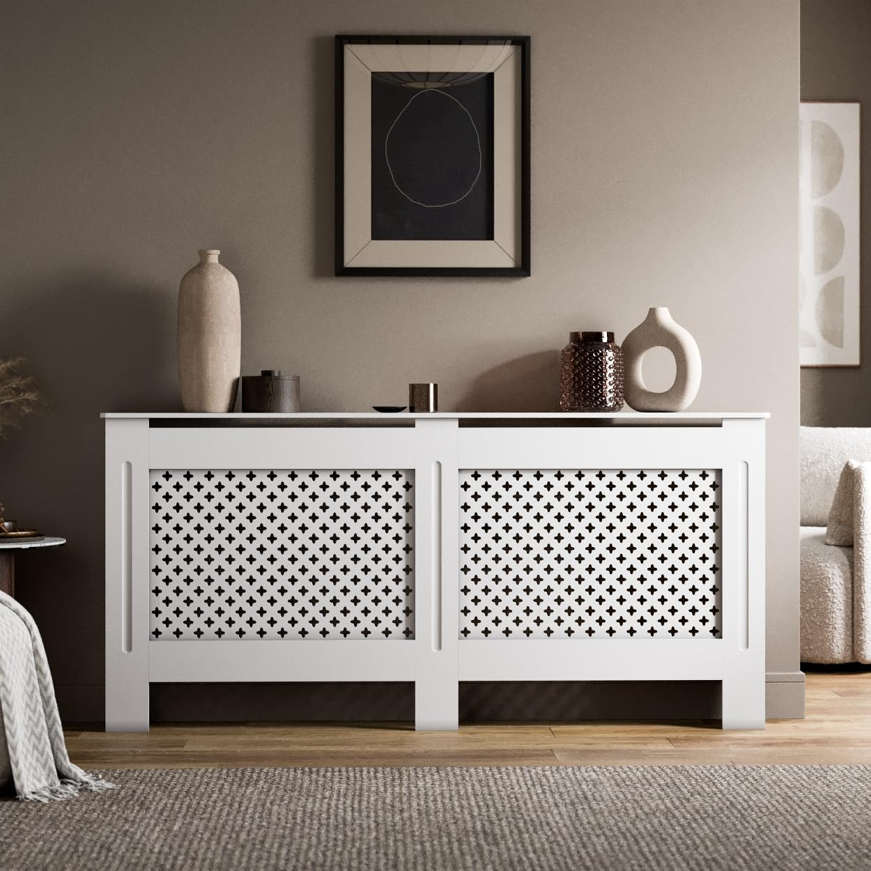 Radiant Living Radiator Cover Diamond Cross Pattern, Modern White MDF Radiator Cabinet for Living Room & Bedroom, Extra Large 172 x 81.5 x 19cm