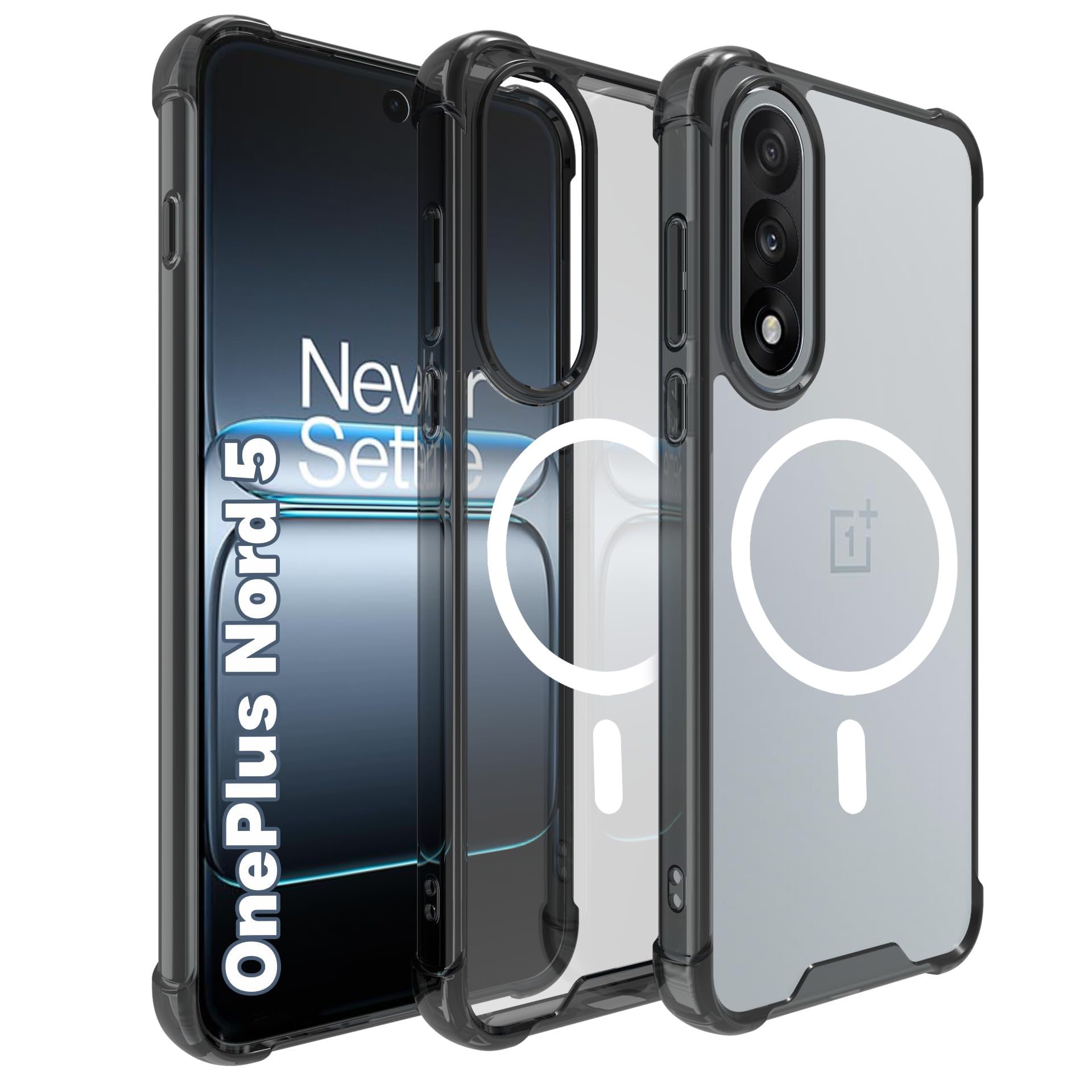 RIGGEAR Shockproof Clear Hybrid Armor Magnetic Back Cover Case Compatible with MagSafe Accessories for OnePlus Nord 5 5G (Clear-Black Bumper and Transparent PC)(White)