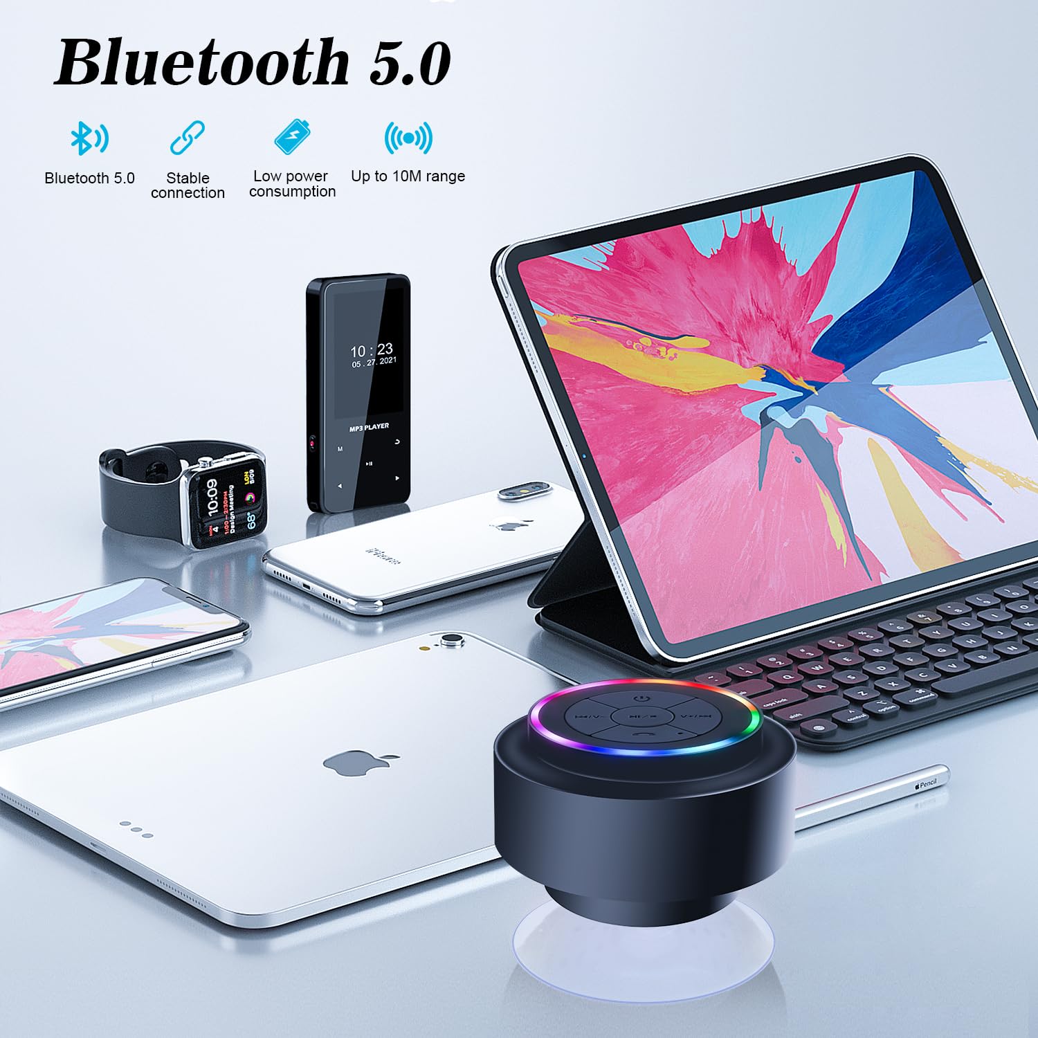 Mini altavoz Bluetooth para ducha con ventosa, altavoz inalámbrico Bluetooth impermeable, IP67 flotante impermeable altavoz de baño con luz LED, regalo ideal para hombres, mujeres y niños