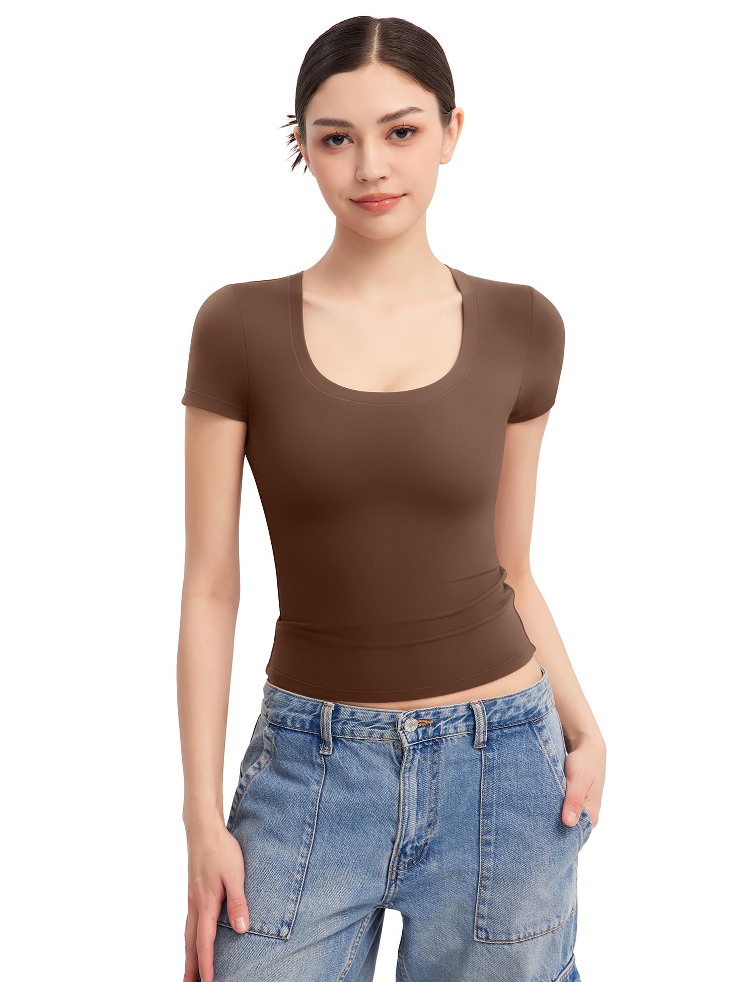 PUMIEY Women's Scoop Neck Short Sleeve T Shirt Slim Fit Sexy Tops Smoke Cloud Collection