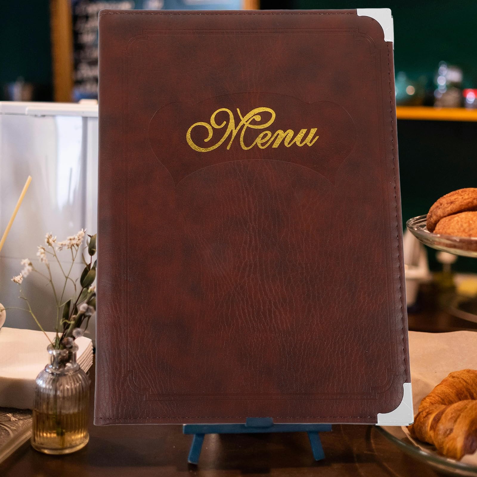 TOYANDONA Portamenús Multifuncional de A4 Cubierta de Cuero Artificial Color Café, Libro Práctico Hojas de Pvc Transparente, Carpeta para Menú de Restaurante y Hotel, Soporte Resistente