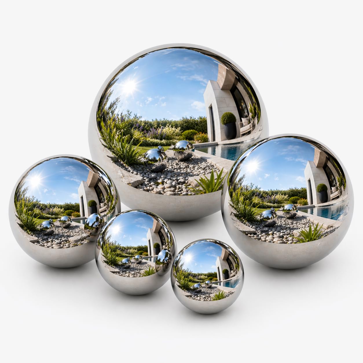 Gazing Ball, Stainless Steel Garden Mirror Globe, Polished Ornament Sphere, Hollow Floating Reflective Hemisphere, for Home Outdoor Pond Housewarming Swimming Pool Decoration, Silver, 5Pcs Mix-image-33