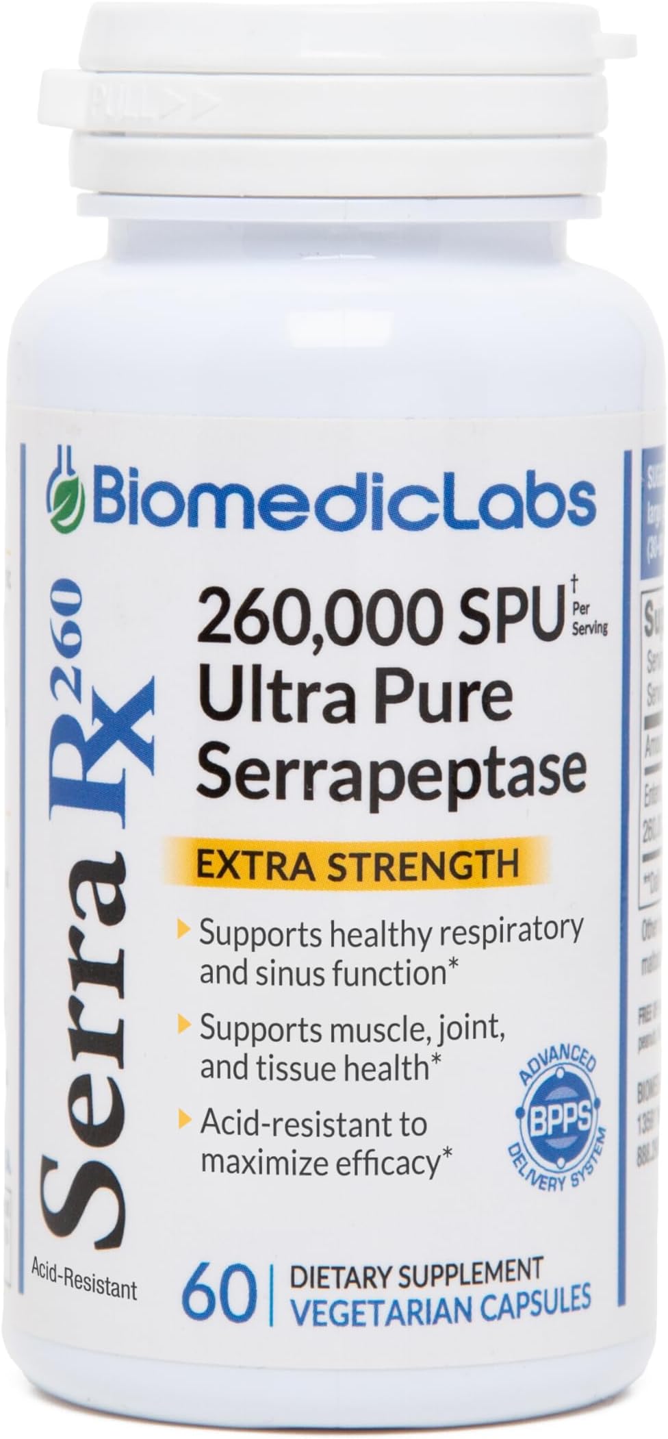 Serra-RX 260,000 SU Serrapeptase -Acid-Resistant Proteolytic Systemic Enzyme, Non-GMO, Gluten Free, Vegan, Supports Sinus, Immune & Lung Health, 60 Veg Capsules