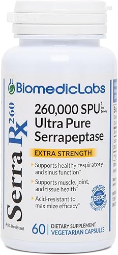 Serra-RX 260,000 SU Serrapeptase - Enzima sistémica proteolítica revestida entérica, sin OMG, sin gluten, vegano, apoya la salud sinusal,