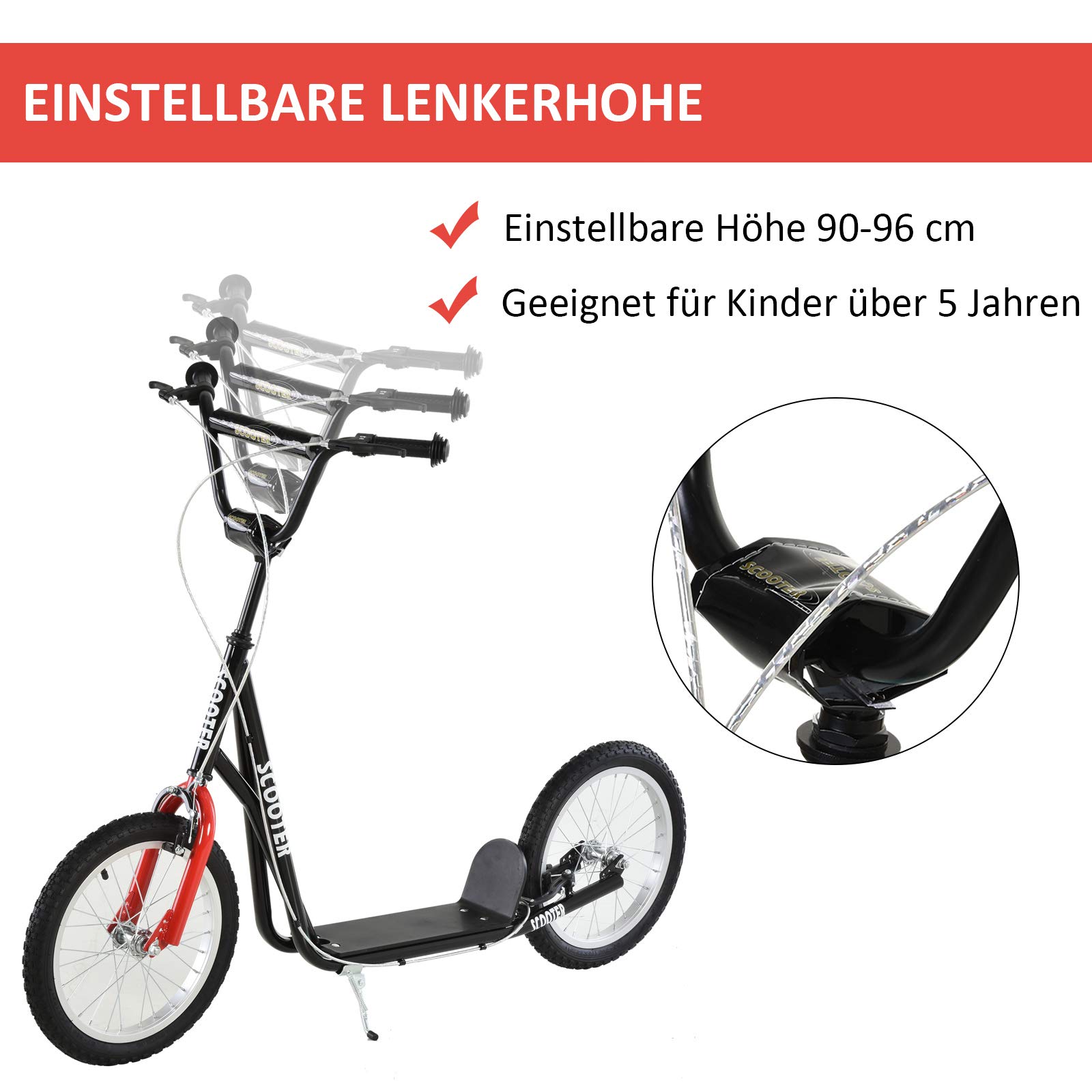 HOMCOM Scooter für Kinder Kinderroller Tretroller mit verstellbarem Lenker, großen Rädern und Handbremse Kickscooter 16 Zoll Cityroller für Jungen und Mädchen ab 5 Jahre Metall