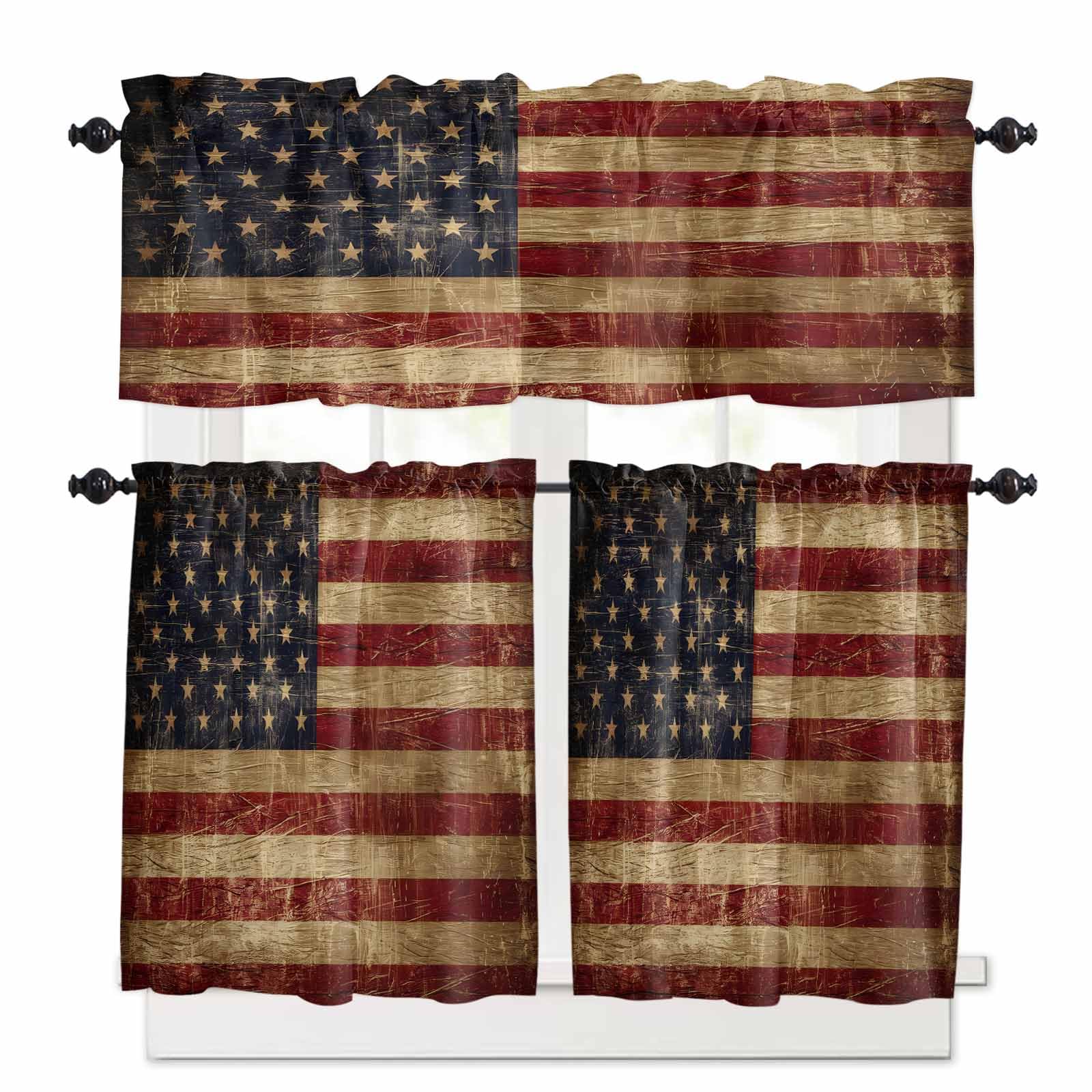 Vintage American Flag Kitchen Curtains 24 Inch Length,3 Piece Rod Pocket Small Half Tiers and Valance Set,Farmhouse Shabby Retro Red Blue Small Large Window Treatment Decor for Bedroom/Bathroom Sink