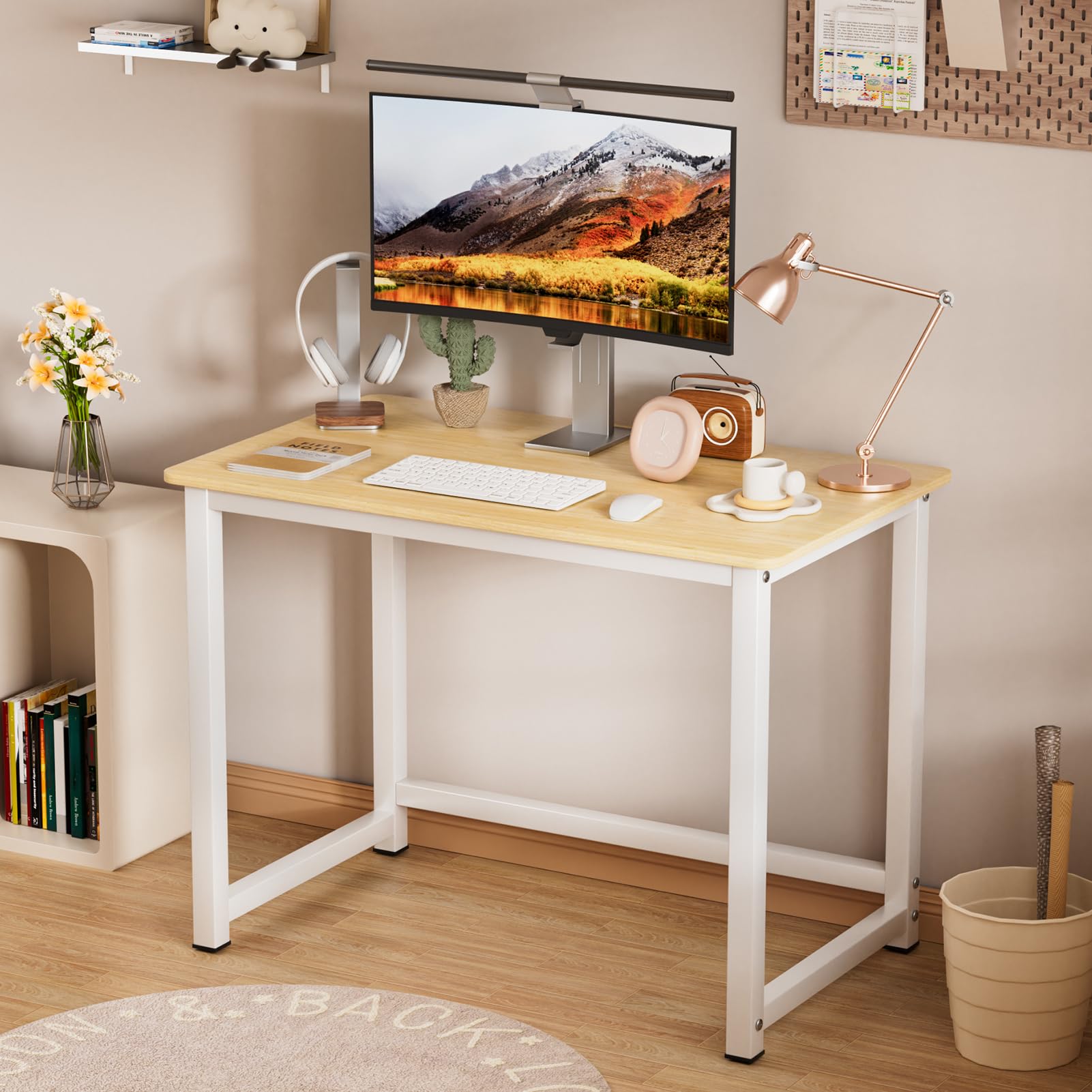 Scrivania per computer da 100 cm, in legno, stile semplice e moderno, scrivania da gioco per casa, ufficio, studio, scrivania con robusta struttura in metallo, stazione di lavoro da 100 cm per piccoli