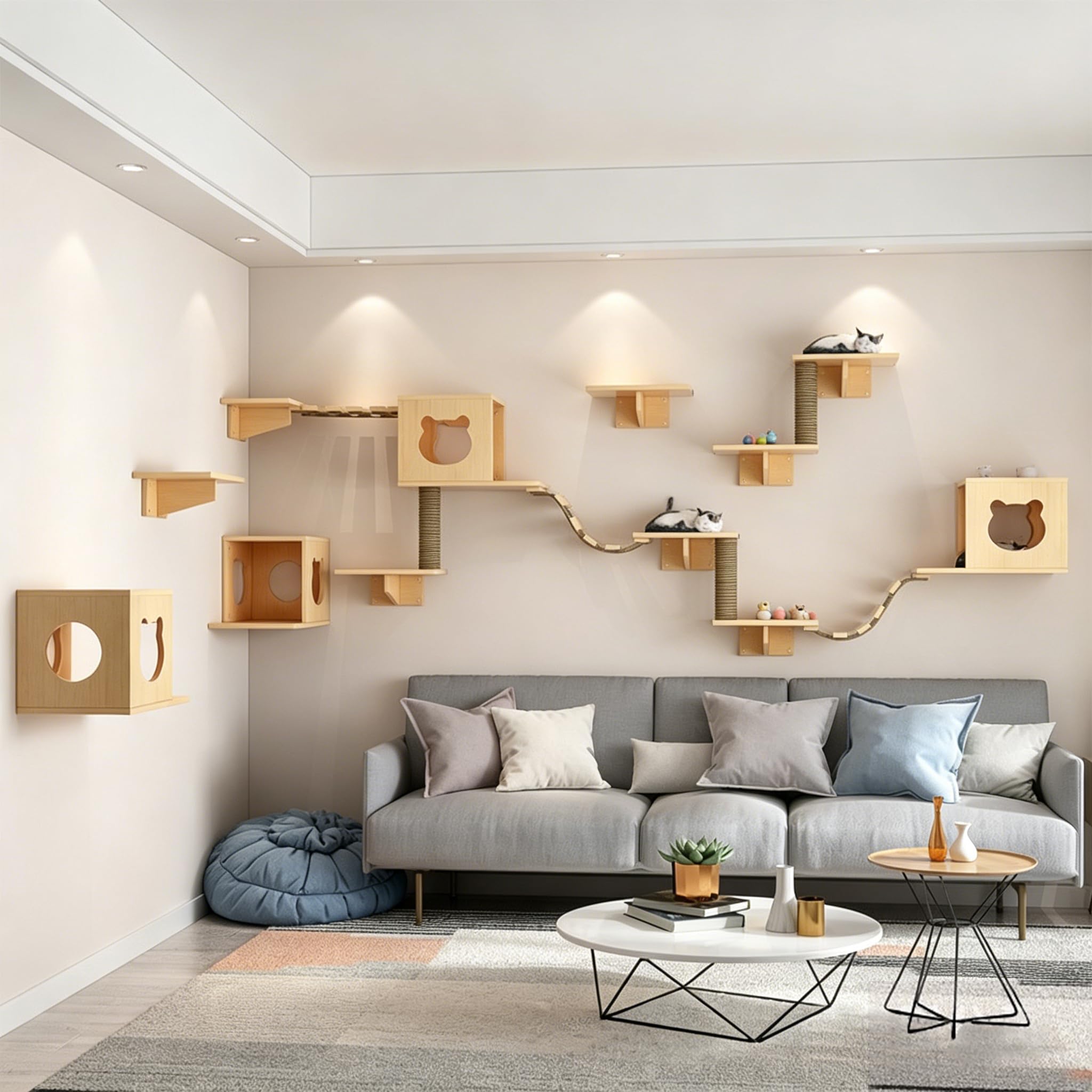 Étagères Murales pour Chat, Ensemble de Meubles Muraux en Bois avec Maison pour Chat, Plateformes d’Escalade, Escaliers, Pont Suspendu et Poteaux en Sisal, Arbre à Chat Mural Gain de Place