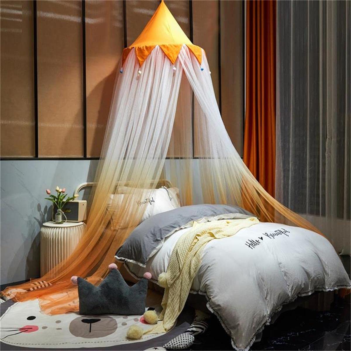 Luxurious Gradient Orange Bed Canopy with Crown Top Design - Full Size Girls Boys Bed Room Decor - Enhanced Privacy Erypted Mesh - Ideal for a Cozy and Stylish Bedroom Ambiance