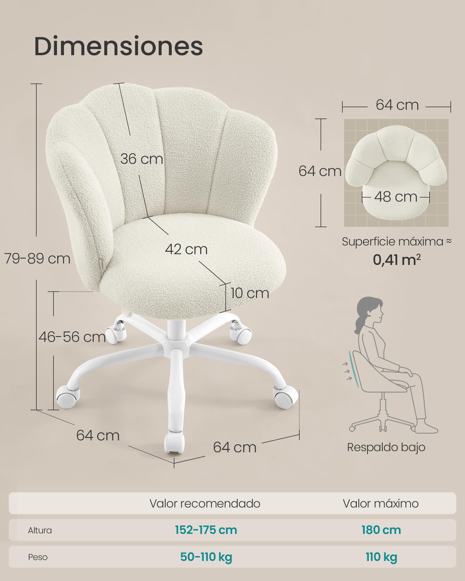 SONGMICS Silla de Oficina Giratoria 360°, Silla de Tocador Acolchada, Tela de Peluche, Soporta 110 kg, Respaldo en Forma de Pétalos, Altura Ajustable, para Salón y Dormitorio, Blanco Crema OBG030WD01