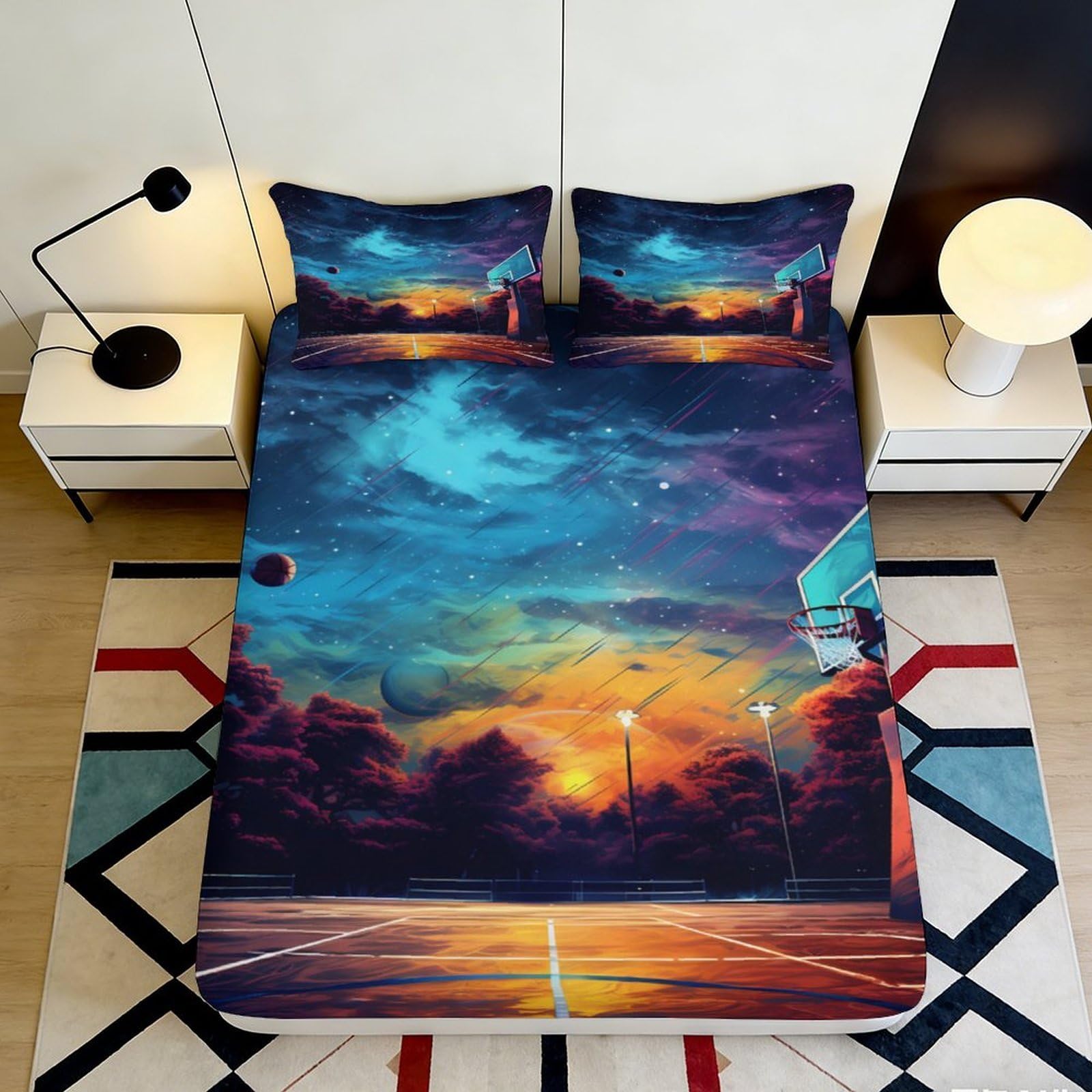 3D Printed Galaxy Basketball Court Fitted Sheet Microfiber Soft Breathable Cosmic Nebula Mattress Cover for Bedroom Dormitory Guest Room Mattress Protection 160x200x25cm