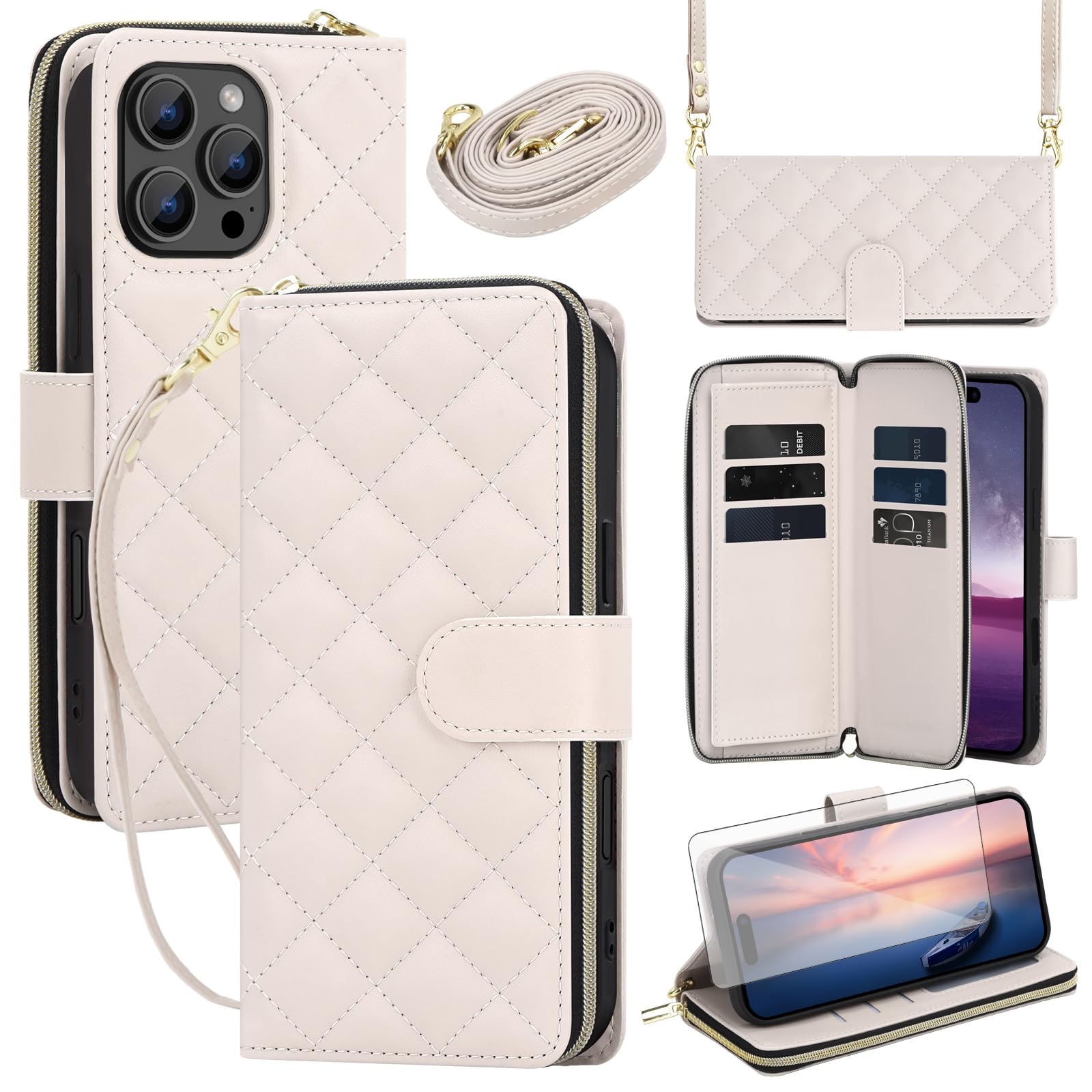 Asuwish Phone Case for iPhone 16 Pro Max Wallet Cover with Screen Protector Strap Card Holder Stand PU Leather Flip Cell Zipper iPhone16promax 5G i