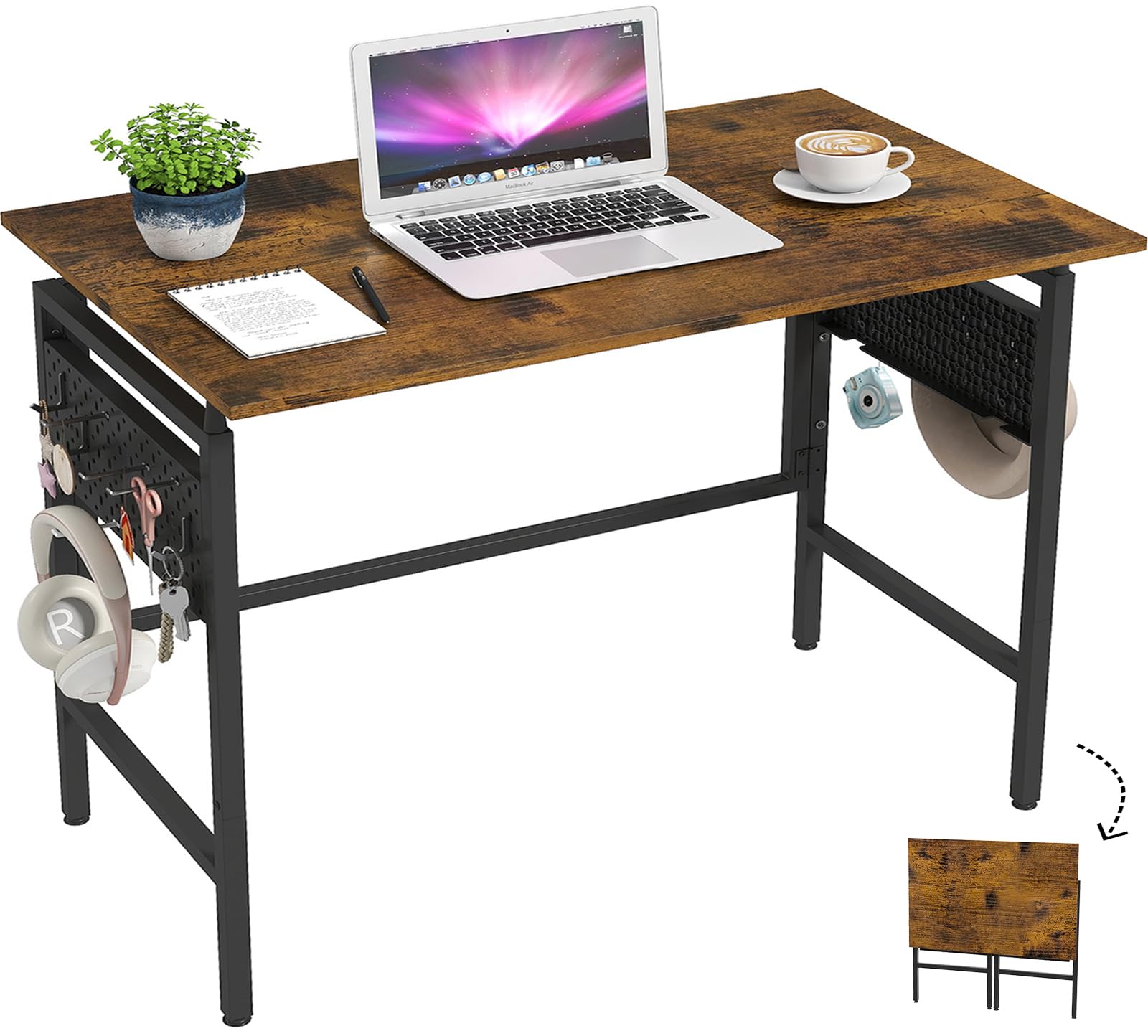 Photo 1 of Hadulcet Folding Desk, Foldable Desk Table 40" for Space Saving, Foldable Computer Table for RV, Apartment, Office, Easy Assembly with Movable Pegboard Panels,Rustic Walnut