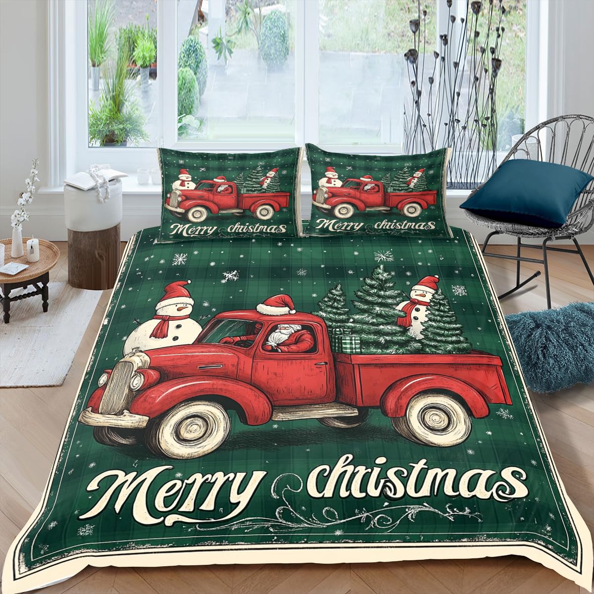 CCoutueChen Red Christmas Truck Bedding for Kids Green Xmax Tree Duvet Cover Queen Size, Cute Snowmen Santa Claus Comforter Cover for Boys Girls New Happy Bedroom Decor, Soft Skin-Friendly Microfiber