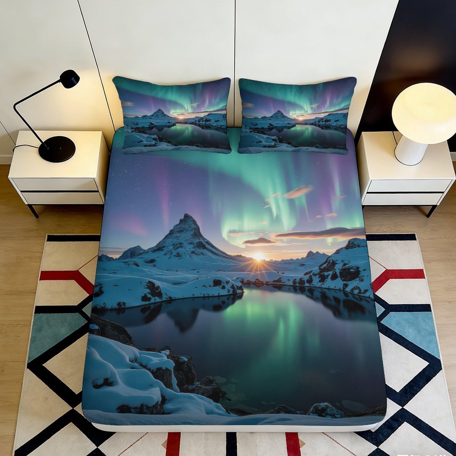 3D Printed Aurora Mountain Fitted Sheet Microfiber Soft Breathable Sunset Lake Mattress Cover for Bedroom Decor 90x200x25cm