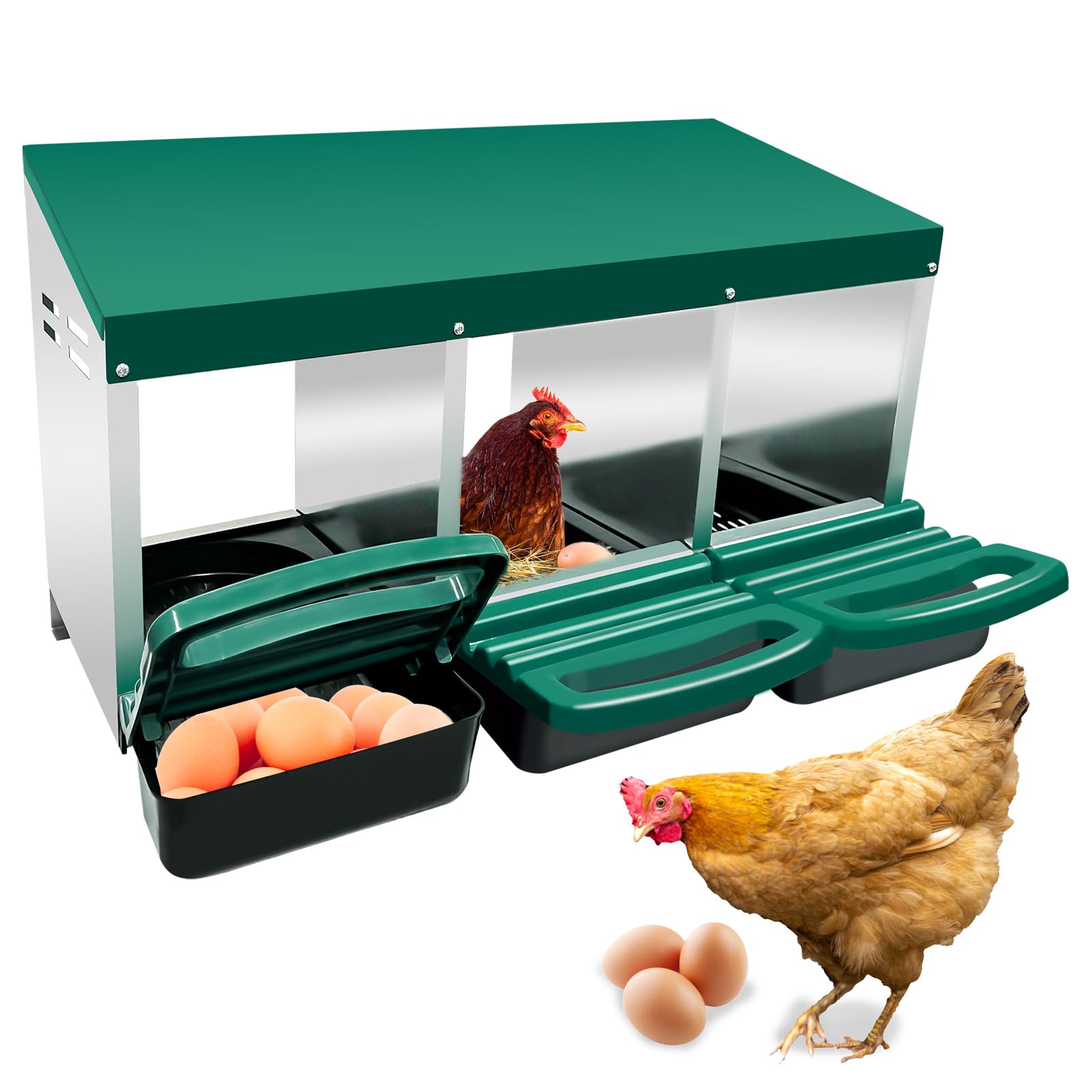 Chicken Nesting Box, 3 Hole Metal Roll Out Chicken Laying Eggs Boxes, Heavy Duty Nesting Boxes for Chicken Coop with Lid Cover to Protect Eggs for Up to 15 Hens