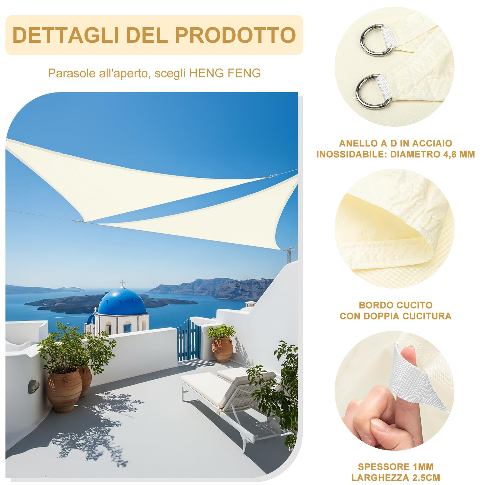 Vela Ombreggiante Triangolare 3x3x3m Impermeabile Tessuto Oxford Protezione UV 95% Beige