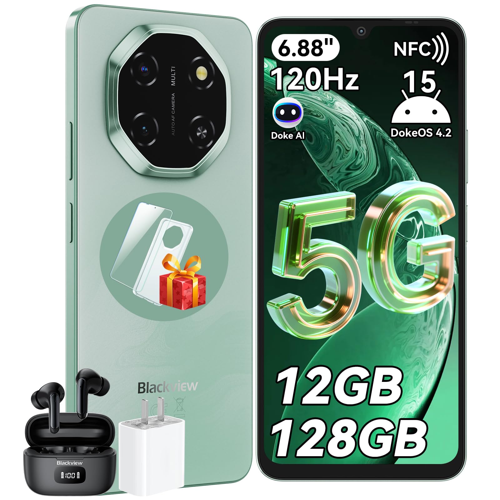 Blackview Shark 6 Smartphone 5G, Telefono Cellulare 6.88'' HD 120Hz, Android 15, Unisoc T8100, 12GB+128GB/2TB TF, 5000mAh, 16MP+8MP, 5G Dual SIM/OTG/NFC/Face ID/Fingerprint