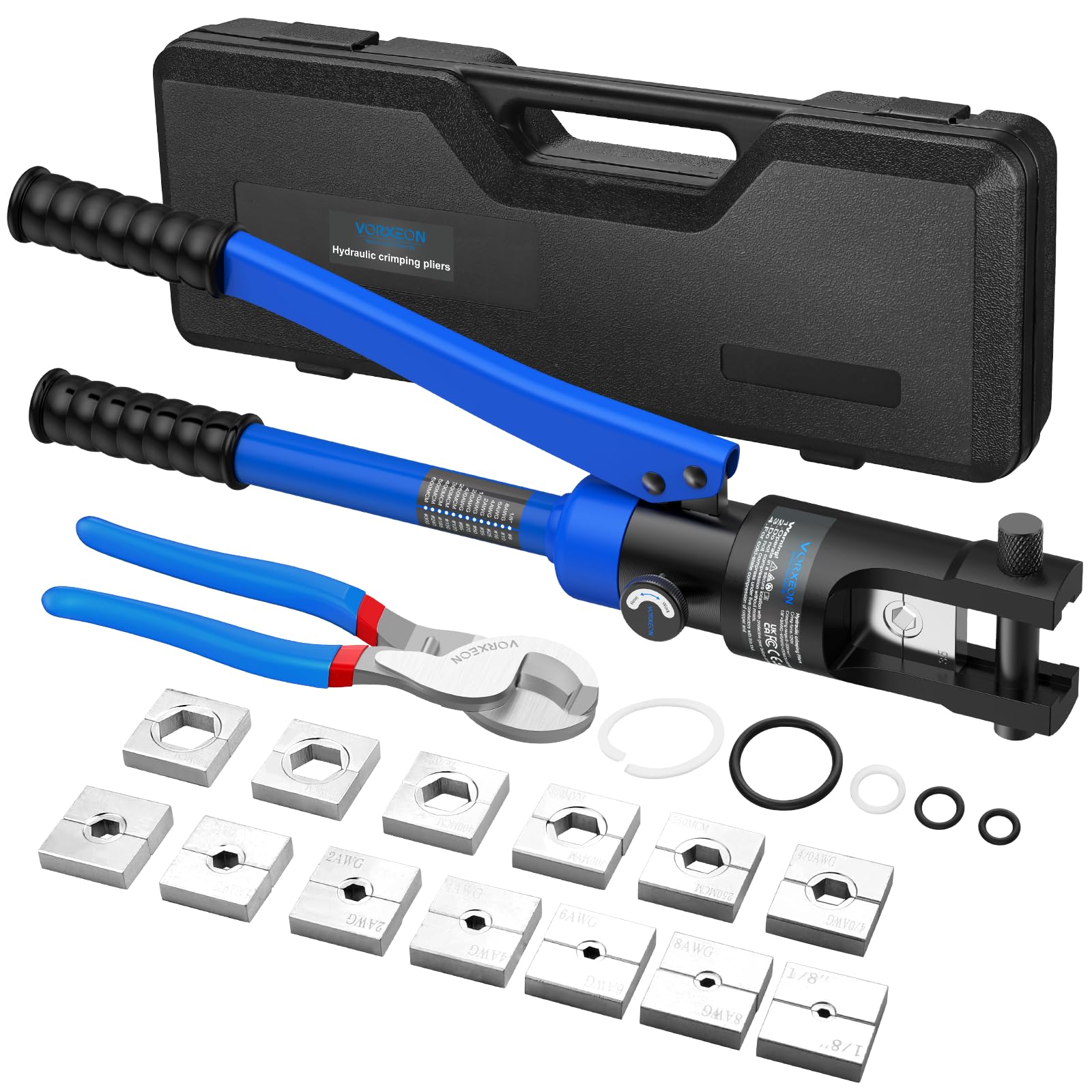VORXEON 12 Tons Hydraulic Crimping Pliers Crimping Pliers 8-300 mm²（1/8-600 MCM） 13 Sets of Crimping Forms with 10 Inch Cable Scissors AWG Wire Knife for Copper Aluminium Cable Lugs