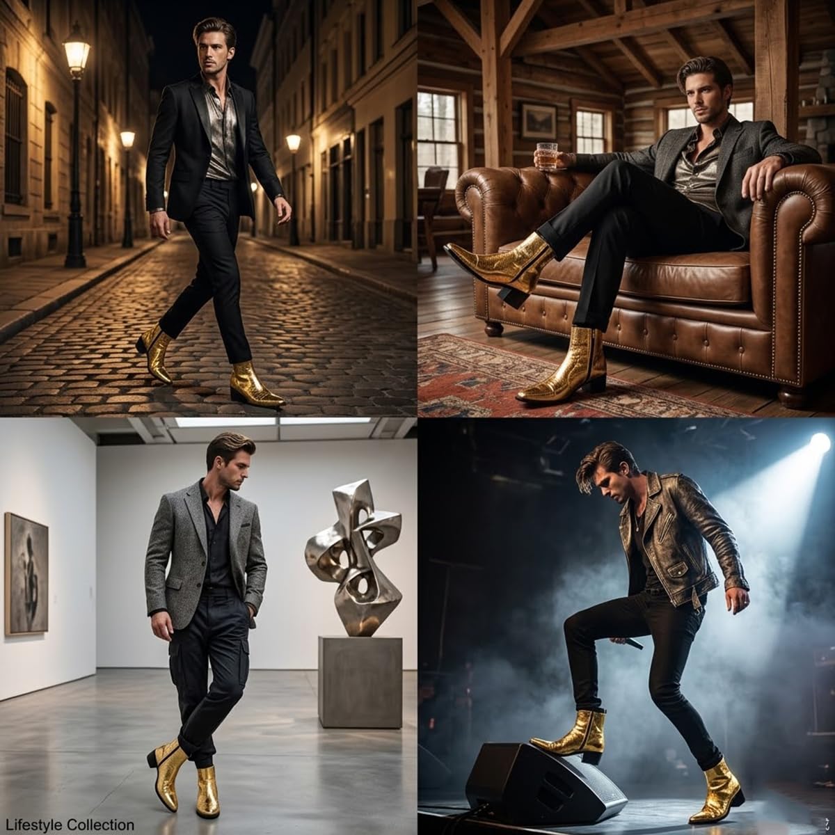 Stivaletti da Scena da Uomo in Vera Pelle Stile Moda - Stivali da Performance a metà Caviglia con Tacco Grosso, Stampa Serpente e Design Elegante