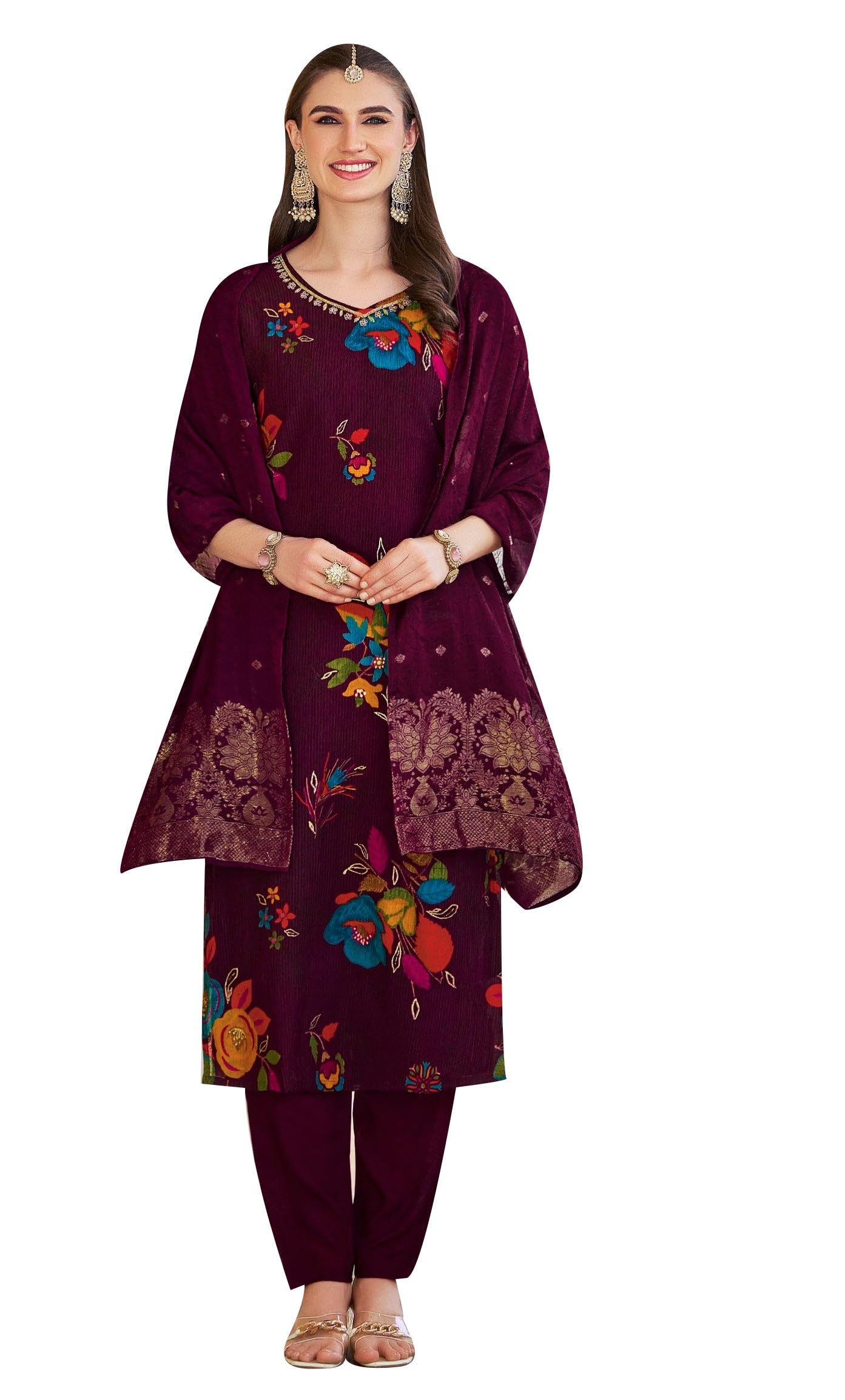 Ladyline Women Korean Silk Printed Hand Work Salwar Kameez | Digital Print Kurta with Pants & Jamawaram Dupatta | Ethnic Indian Dress (SPESK RAPR) (44/ Purple)