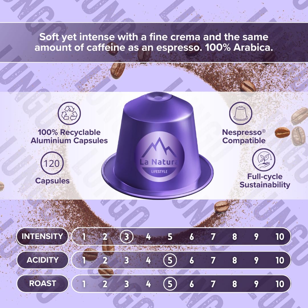 La Natura Lifestyle | 120 cápsulas de café LUNGO de aluminio | compatibles con máquinas de cápsulas de café Nespresso®* | 100% reciclables