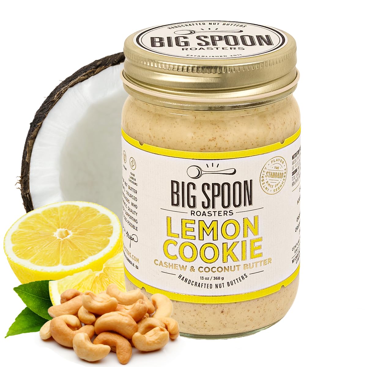 Big Spoon Roasters Lemon Cookie Cashew Butter with Sea Salt - Keto Friendly, Fair Trade Cashews - Low Sugar & Palm Oil Free - Natural Ingredients - Vegan Gourmet Nut Butter Spread - 13 Ounces
