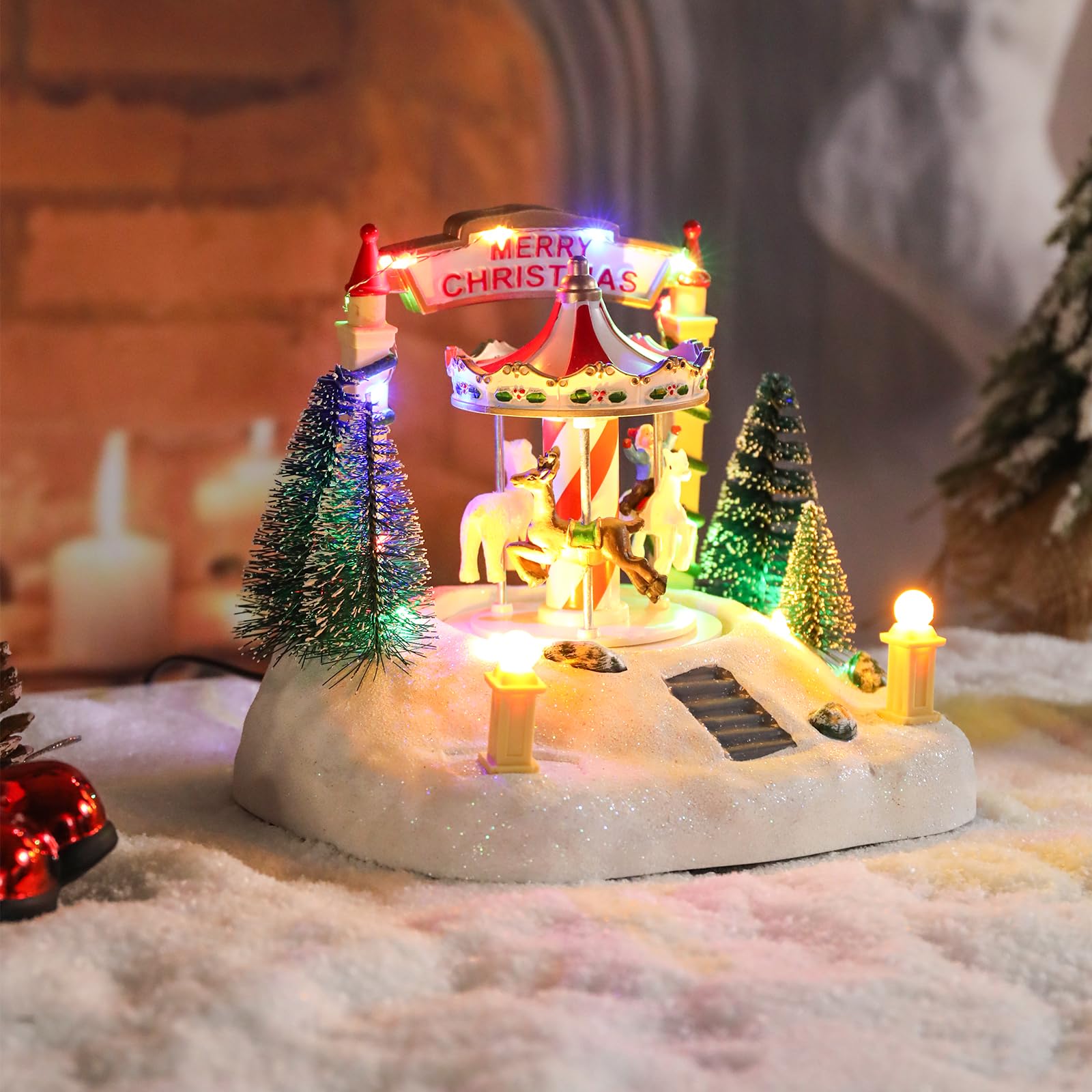 Bdor Decoración de mesa de carrusel de Navidad – Merry-Go-round musical iluminado con renos y árboles – Escena navideña que funciona con pilas – 7.5 x 5.5 x 6 pulgadas, centro de mesa festivo con