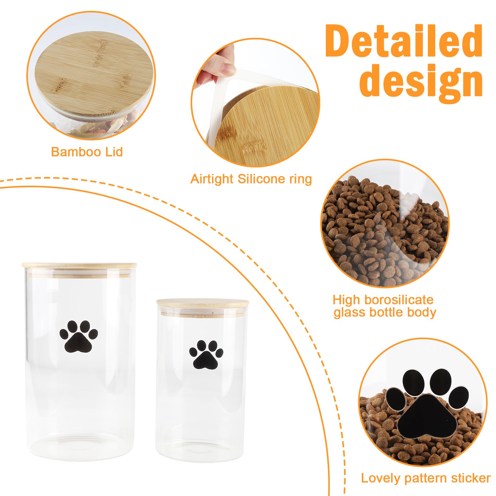 Juego de tarros de vidrio para perros y gatos, 2.2 onzas + 40 onzas, contenedor transparente para alimentos para perros y gatos con tapas de bambú, tarro hermético para golosinas para gatos,
