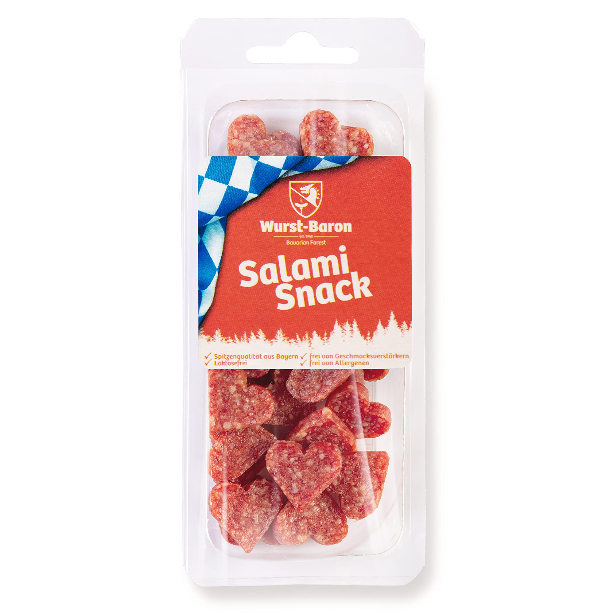 WURSTBARON® - Salami Mini Herzchen - Original Wurst Snack aus Bayern - Karton mit 16x 50g (800g) - Snackbox Sticks Herzen