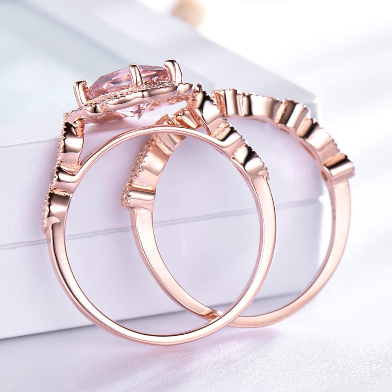 2 Unids/Set Creado Nano Morganite 925 Anillos De Plata Esterlina Encanto Flor Anillos Dobles para Mujeres Joyería Fina