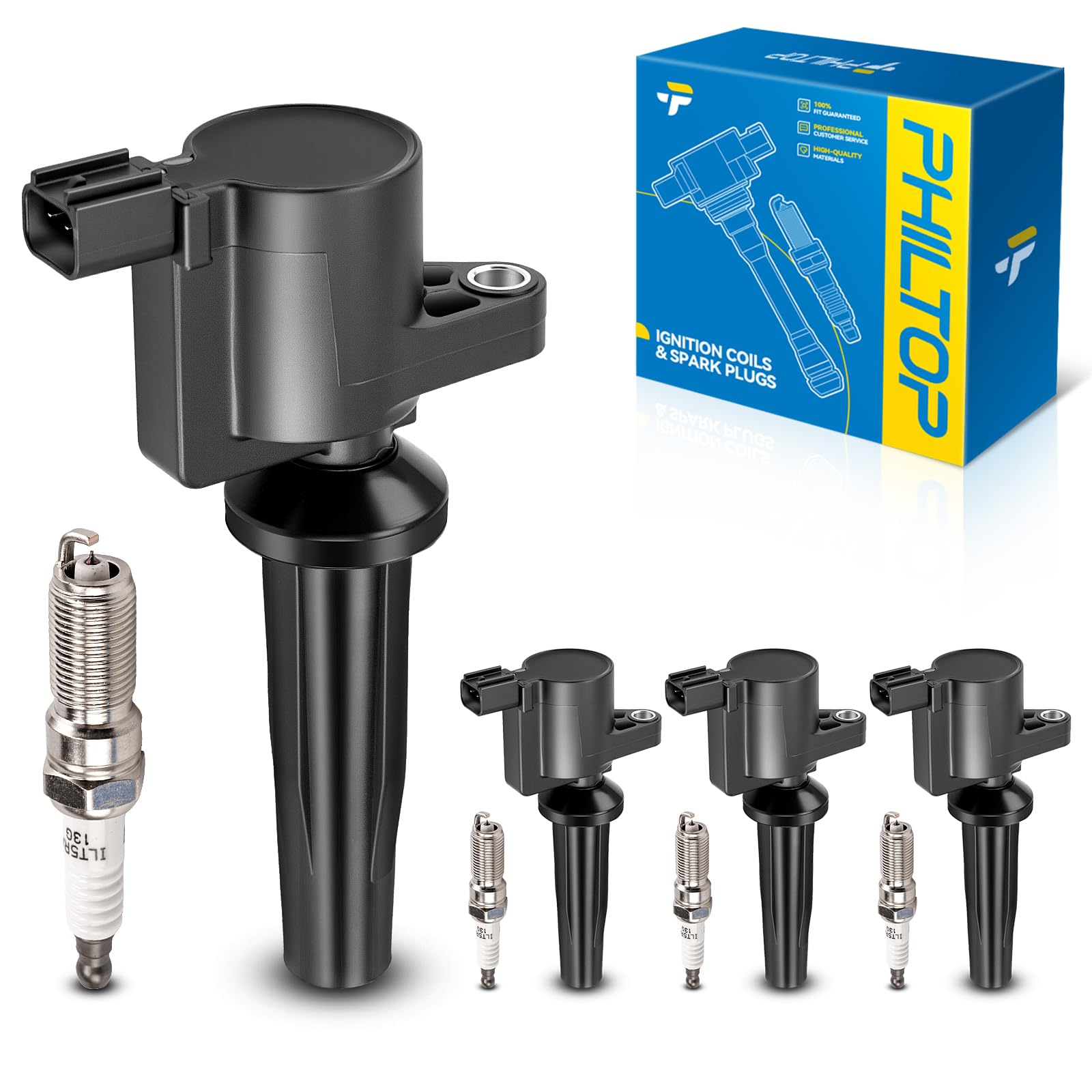 PHILTOP 4 Ignition Coil &amp; 4 Spark Plugs Set Fit for Fusion Escape C-Max