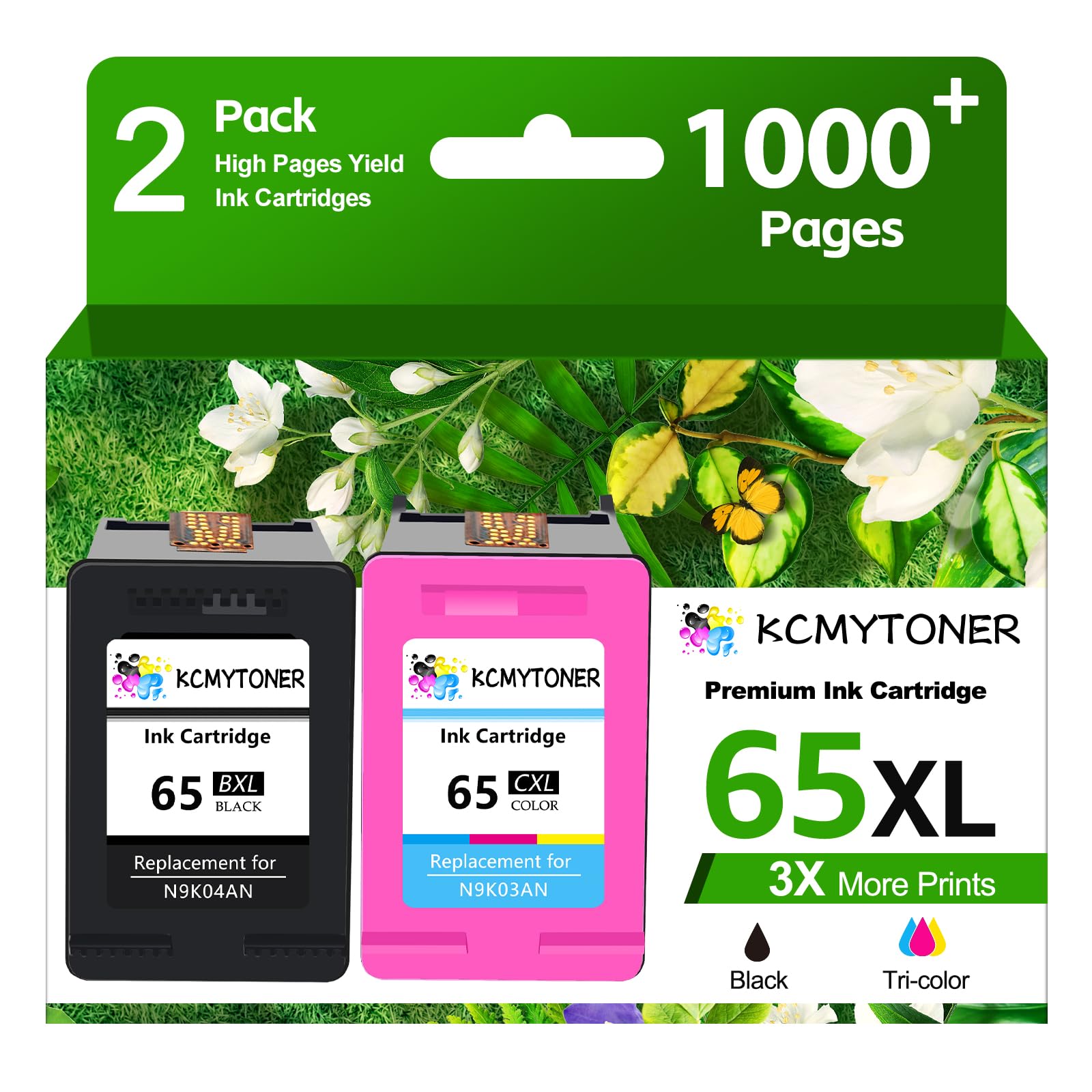 65XL Black and Color Combo Pack Ink Cartridge Compatible for HP 65 N9K04AN N9K03AN Use for HP Envy 5052 5055 5058 Deskjet 2624 2652 2655 3720 3730 3755 (1 Black, 1 Tri-Color)