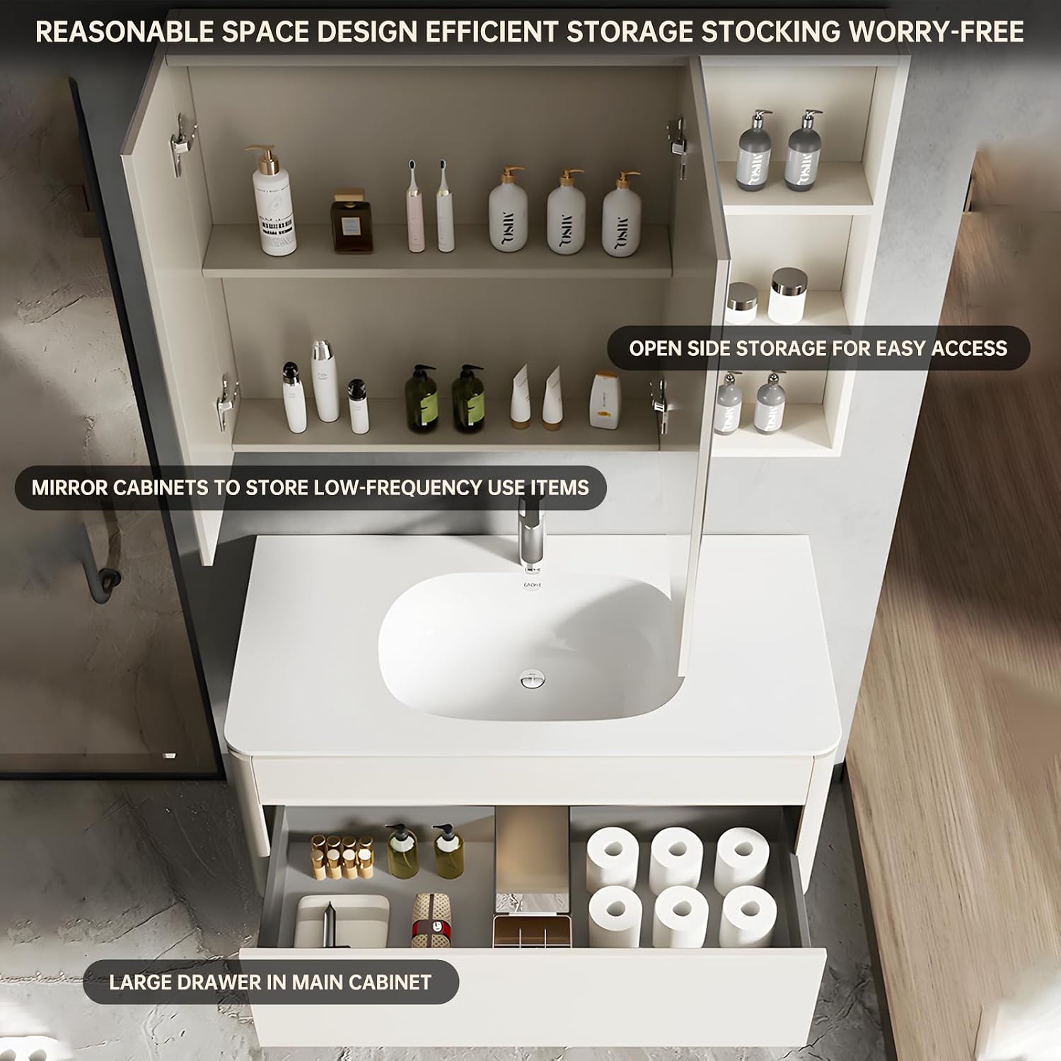 Small Bathroom Vanity with Sink, 28 inch Bathroom Vanity with Smart Defogging LED Mirror Cabinet, Floating Single Sink Vanities Cabinet, Solid Wood Wall Mounted Suspended Bath Vanity for Restroom image 3