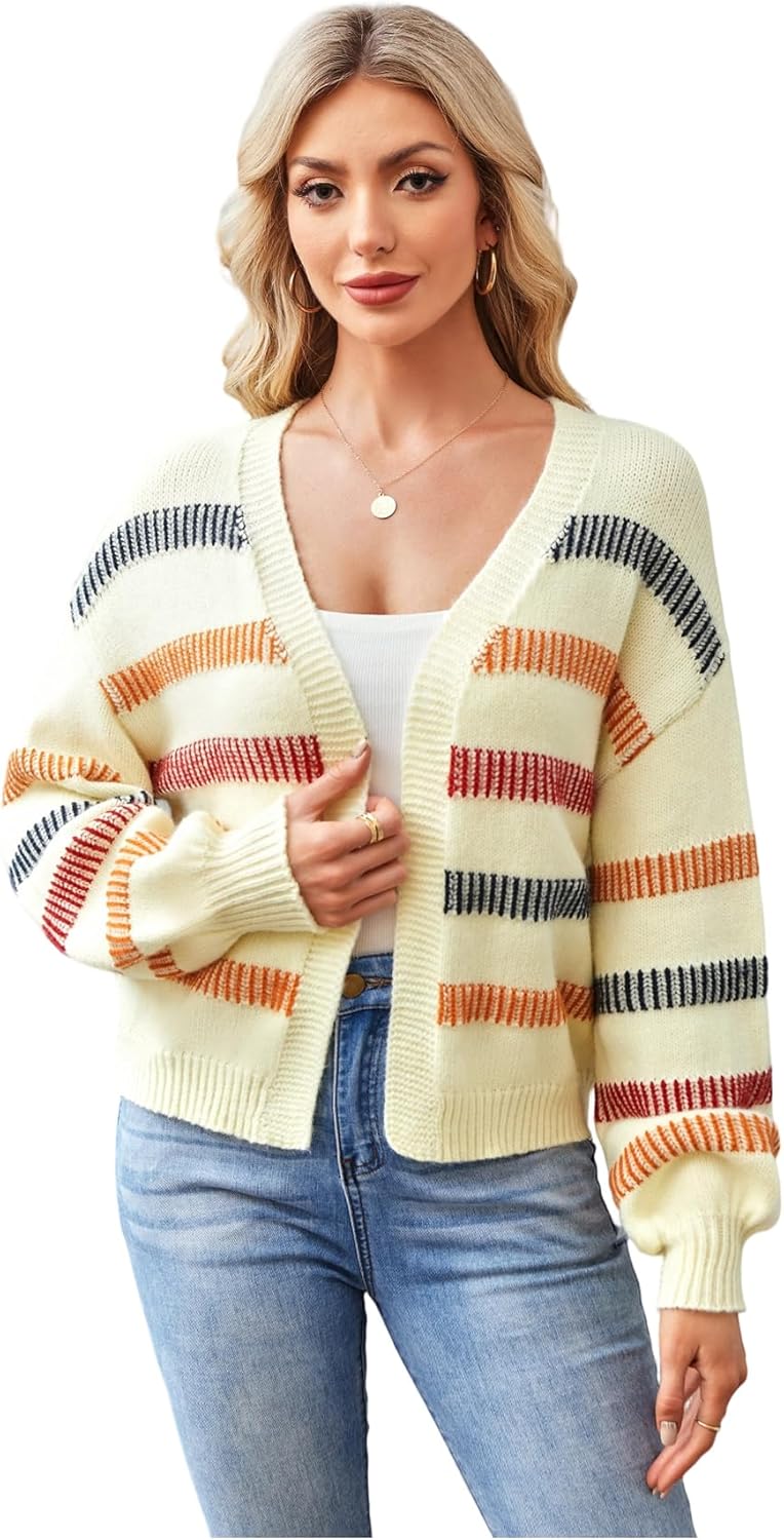 COZYEASE Women's Color Block Crop Cardigan Top Bishop Long Sleeve Striped Open Front Sweater