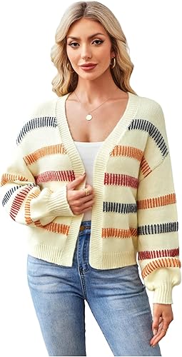 COZYEASE Women's Color Block Crop Cardigan Top Bishop Long Sleeve Striped Open F